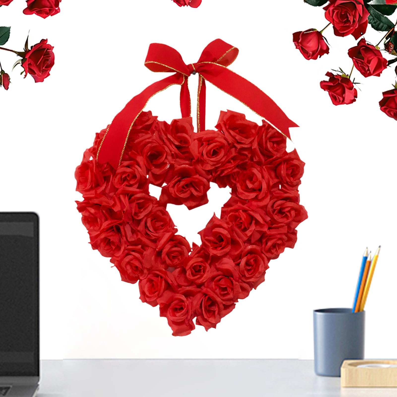 Couronne en Coeur Roses Rouges 40cm pour Decoration Porte Entree