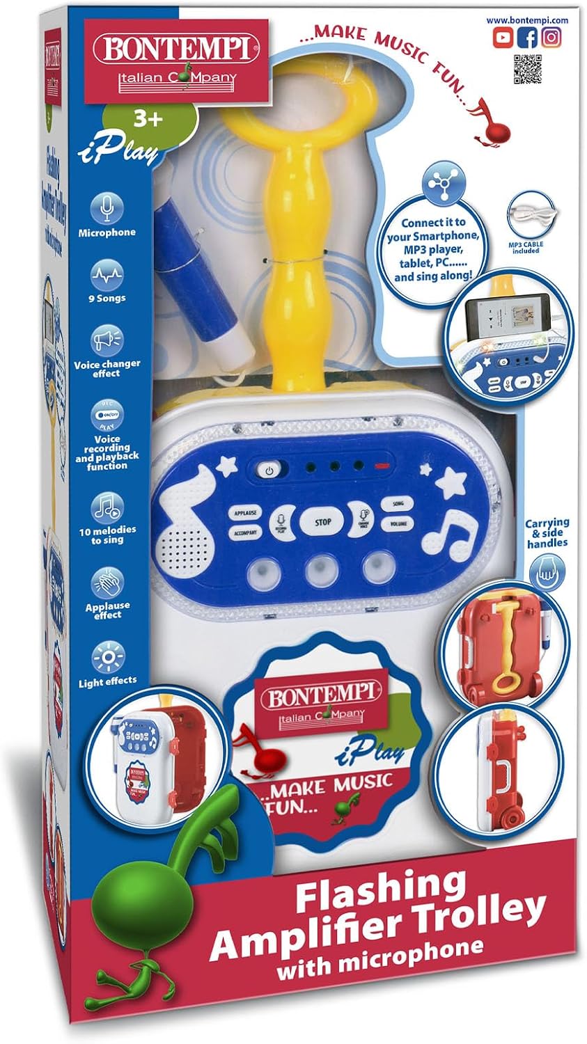 Bontempi Toy Band Star Flashing Amplifier Trolley with Microphone - Portable, Powerful, USB & AUX Inputs, Rechargeable Battery, Multicolored, For Children