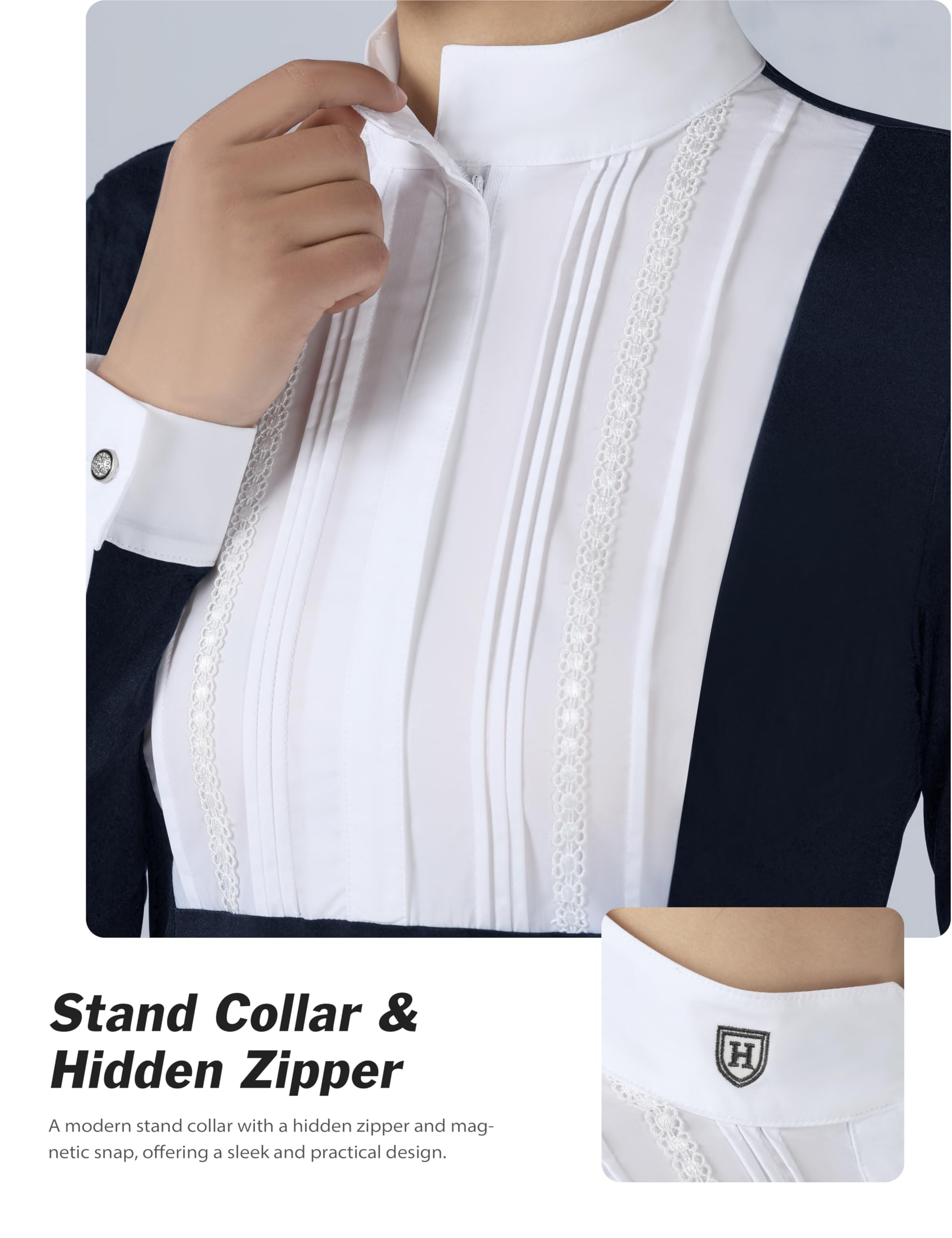 Harrison Howard Camicia a maniche lunghe con bretelle plissettate per equitazione, con bordi in pizzo