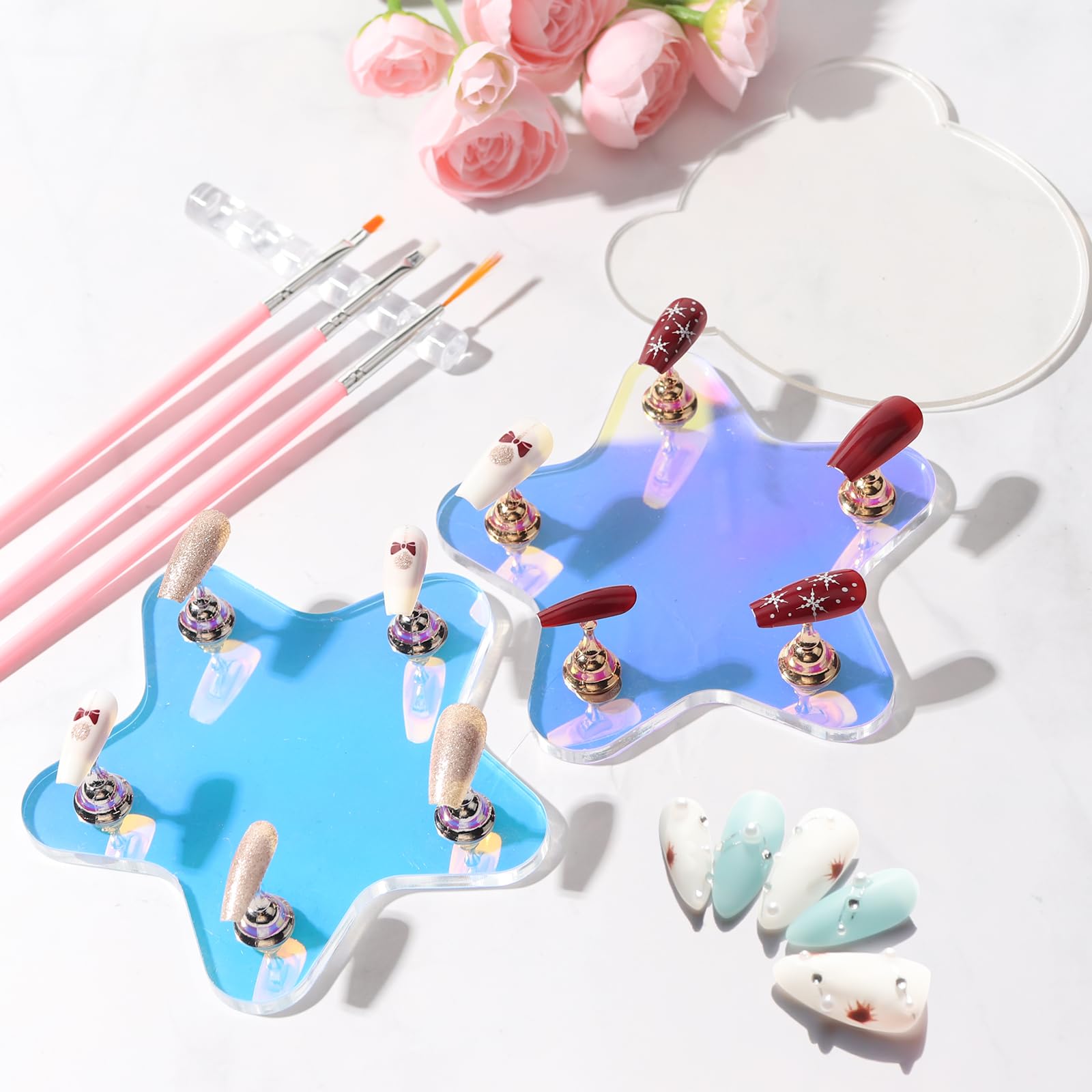Soporte de uñas para prensa, soporte de uñas Aurora para pintar uñas a presión, soporte de uñas de acrílico sólido para arte de uñas con paleta de arte de uñas y soporte para cepillo de uñas 7