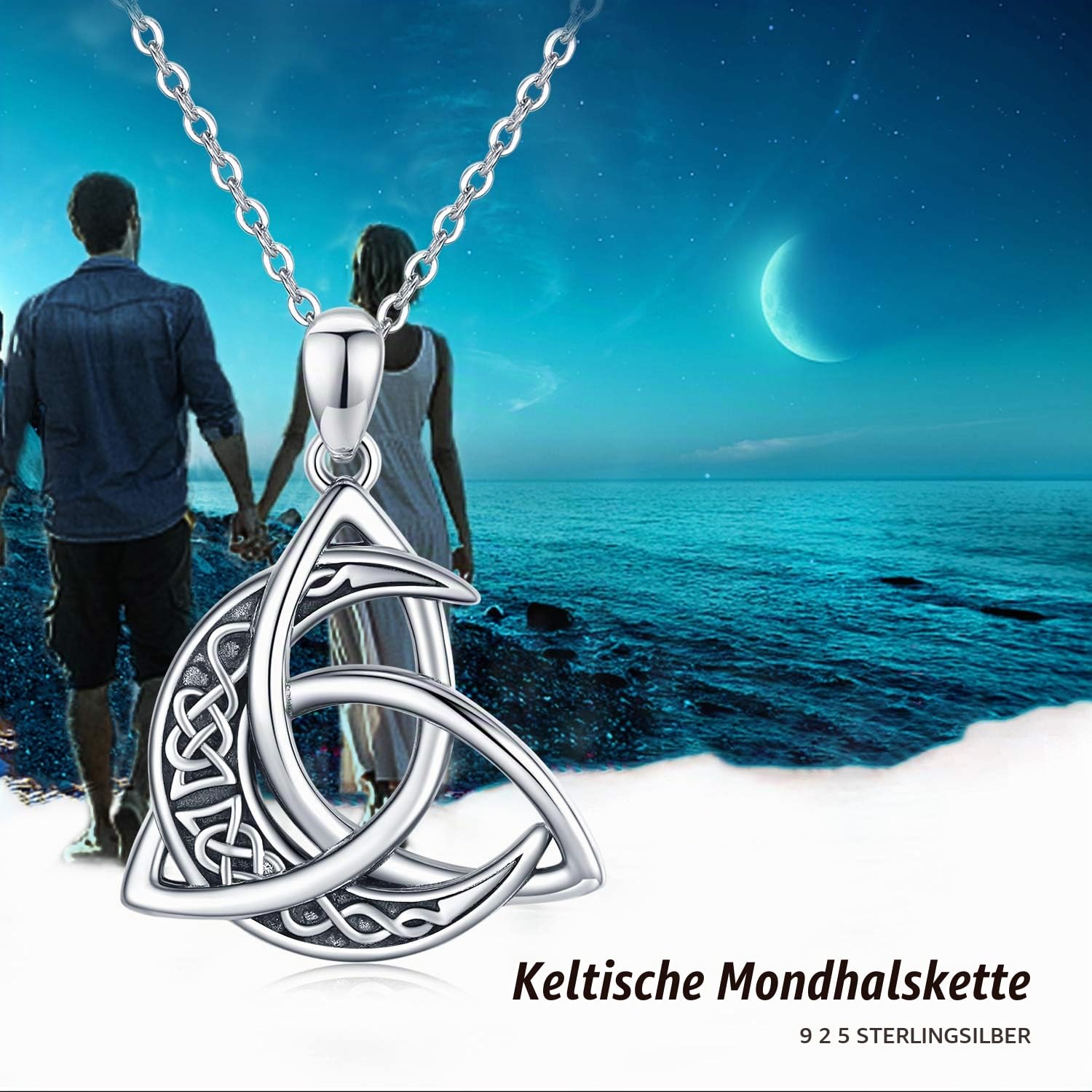 Midir&Etain Keltische Kette 925 Sterling Silber Keltische Mond Anhänger Halskette Keltischer Knoten Schmuck Geschenke für Damen Frauen Mädchen Männer