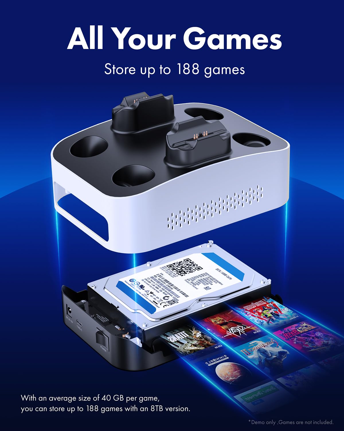 Alloggiamento esterno per disco rigido per PS5, Stazione di ricarica per due controllo PS5, per HDD da 3,5 pollici, Cavo USB-C, con adattatore USB-A