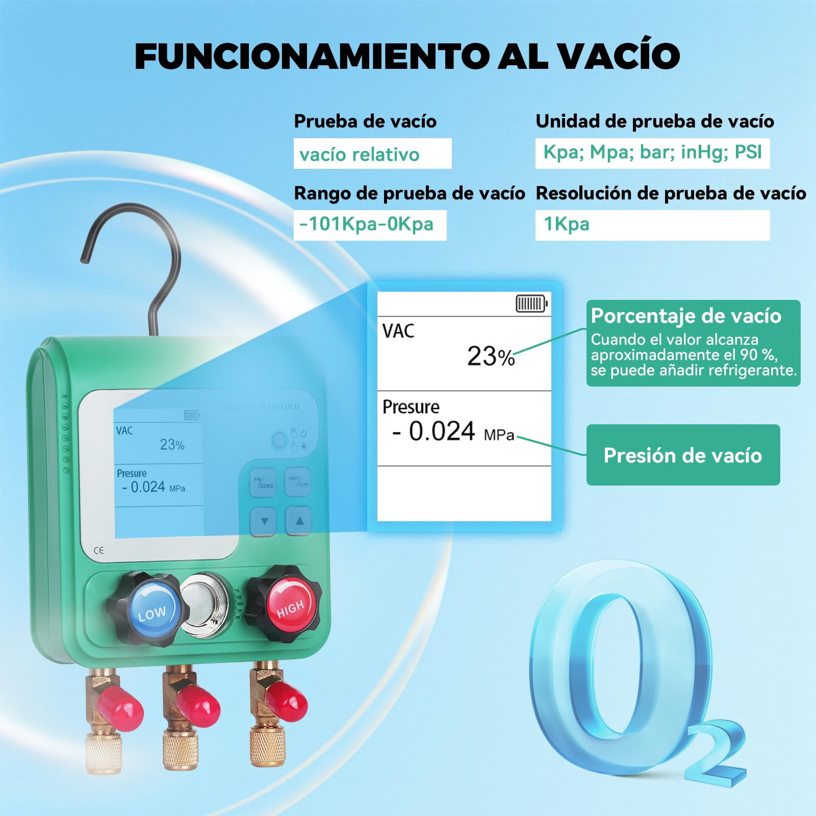 KAISAL Kit de Carga Aire Acondicionado de Coche Digital Manómetro Aire Acondicionado con Pantalla LCD HVAC Manometro para 92 Tipos de Gas Refrigerante r134a R32 R410A R22