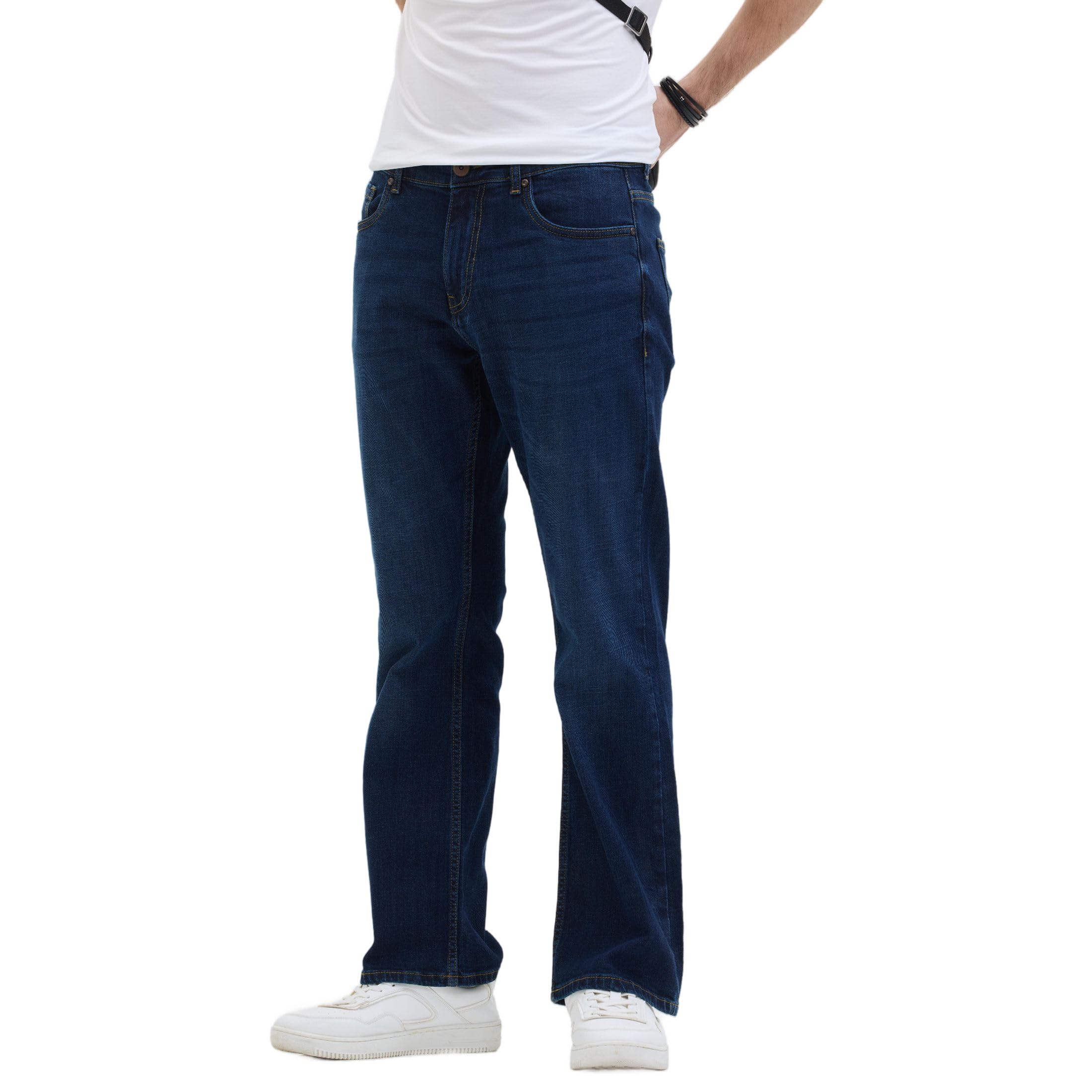 Men's Mid Rise Cotton Lycra Solid Bootcut Jeans-image-30
