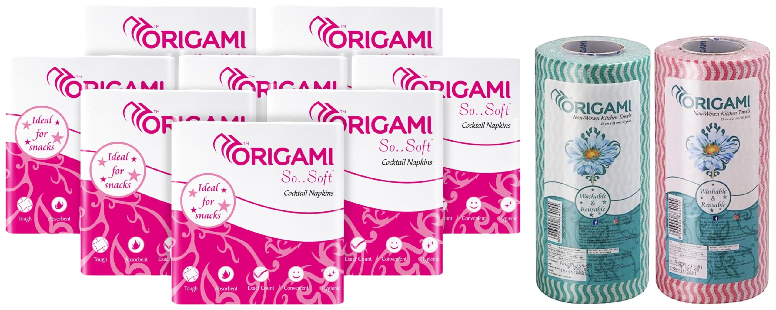 Origami 1 Ply Tissue Paper Napkins - Pack of 8 (100 Pulls Per Pack, 800 Sheets) & Origami Non Woven Reusable Kitchen Towel Roll - Pack of 2 (80 Pulls Per Roll, 160 Sheets)-image-23