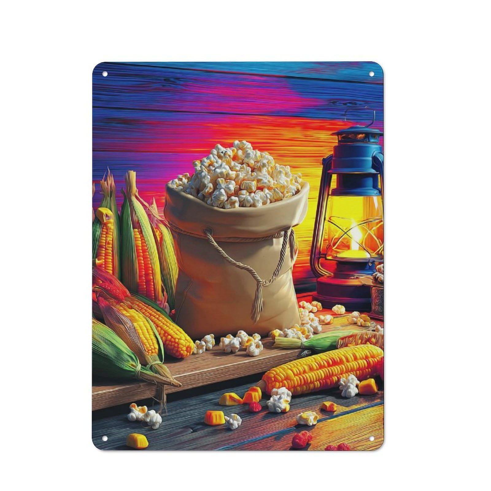 Junmoney Popcorn And Corn Still Life With Lantern Tin Wall Plaque 40X30cm With For Pub Or Café, A Decorative Christmas Gift For Hospitality Wall Decor Collectors