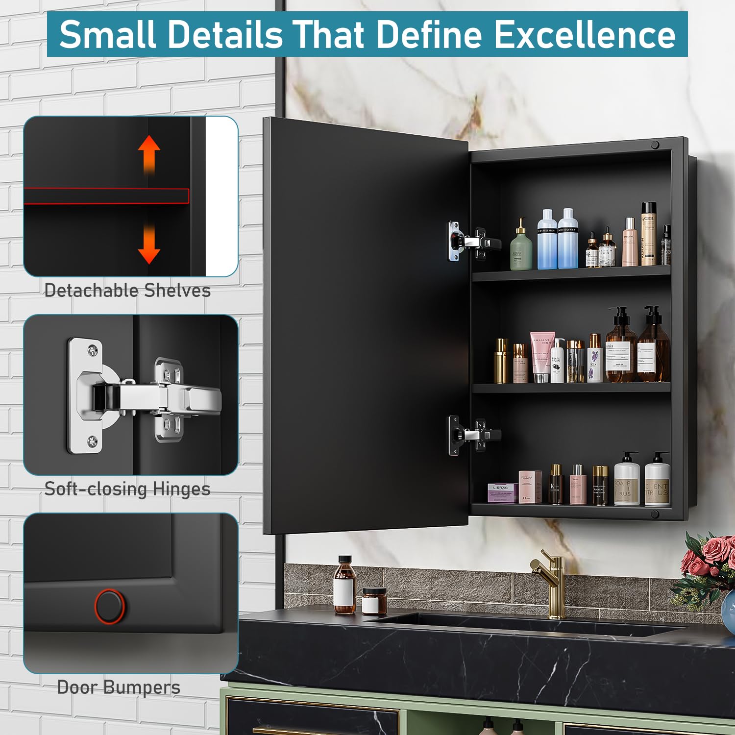 Botiquín empotrado de 16 x 24 pulgadas con espejo biselado, botiquín de metal con estantes ajustables, gabinete de medicina negro montado en la pared para almacenamiento de baño, casa moderna
