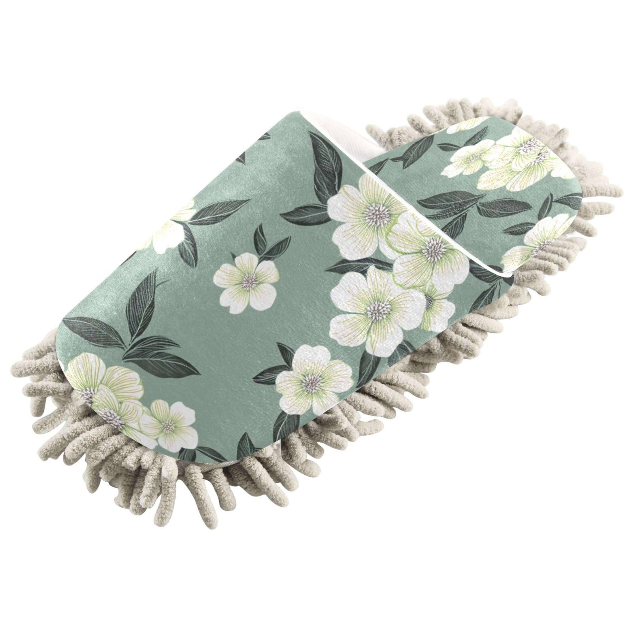 Kigai White Flowers Mop Slippers for Floor Cleaning, Slippers for Women Men, Microfiber Floor Cleaning, M