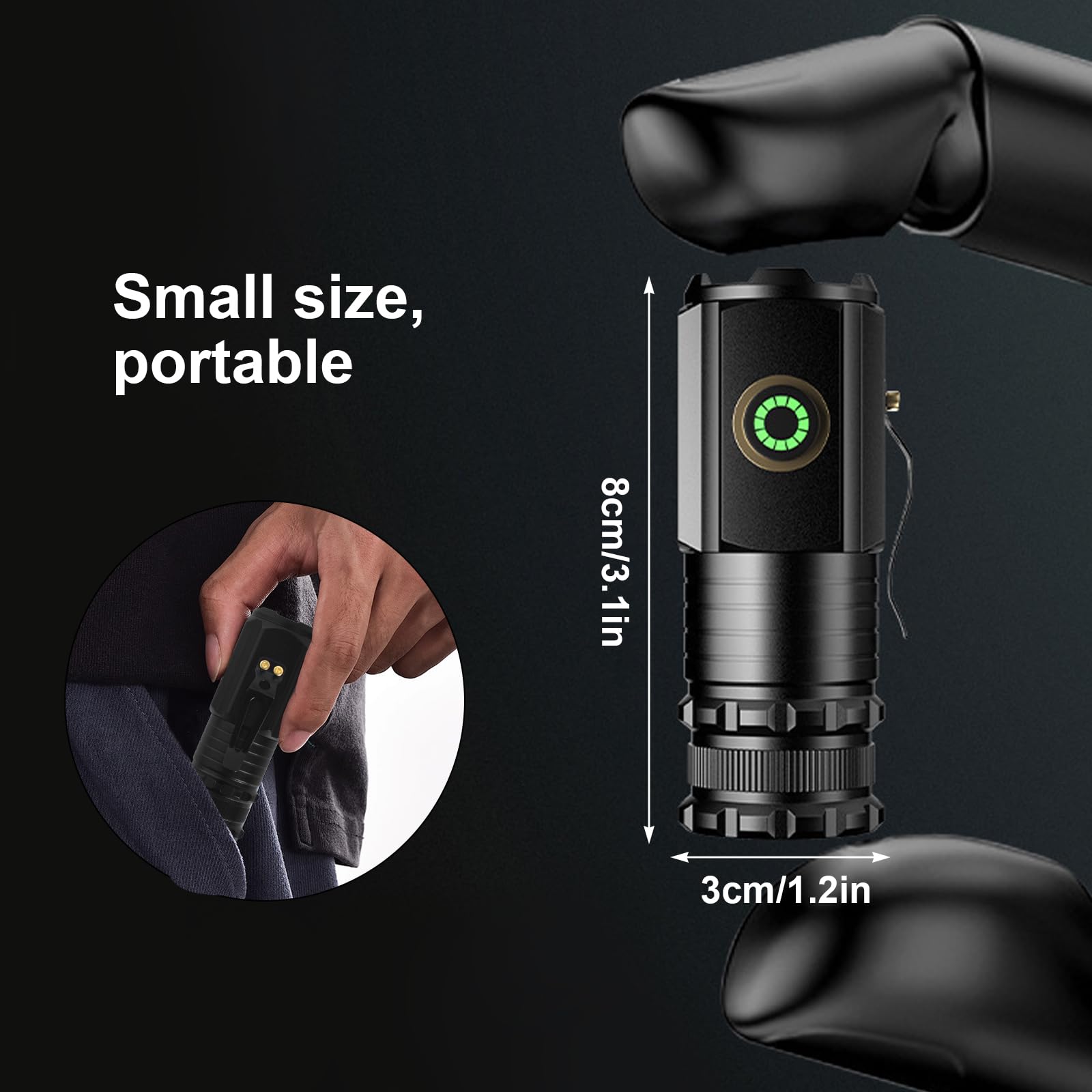 Mini Torcia LED Ricaricabile 2000 Lumen – Con Zoom, Luce Frontale E Laterale, Clip E Custodia Rigida – Per Campeggio, Emergenze E Auto