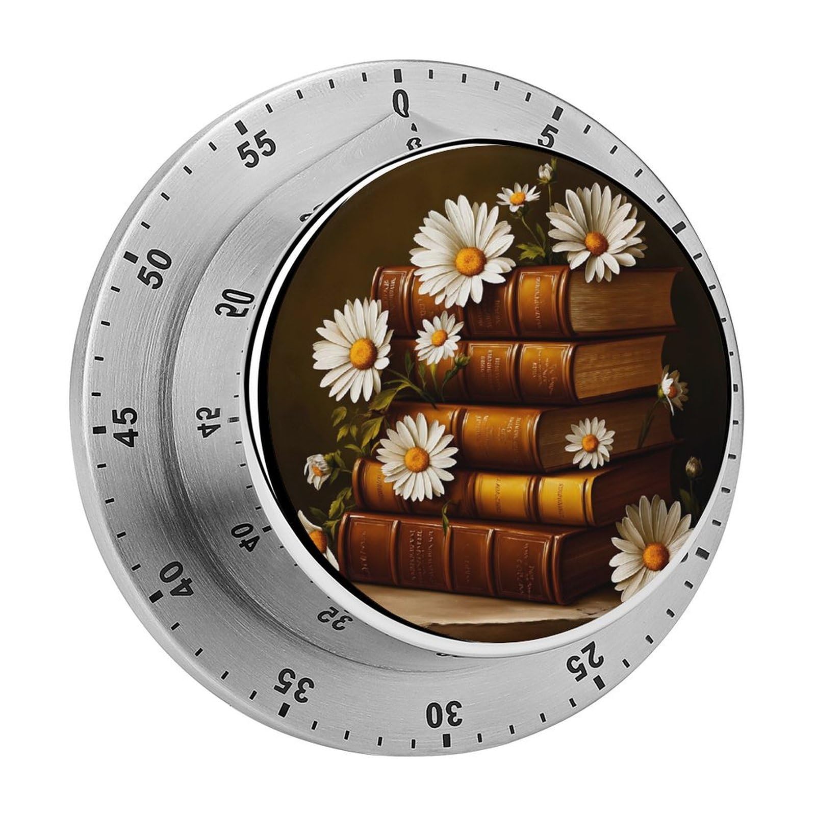 Vintage Books Daisies Floral 60 Minute Wind Up Timer,Visual Mechanical Magnetic Timer with Loud Alarm for Kitchen