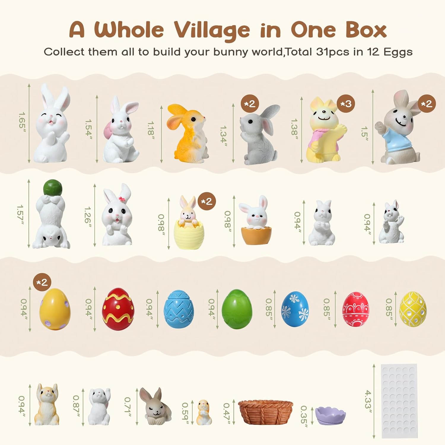 Mini Resin Animals Figures & Bunny Figurines for Kids - 22 Resin Bunny Figurines (31Pcs Set), 12 Eggs, 50 Adhesive Dots - Fairy Garden Accessories, Dollhouse, Cake Topper