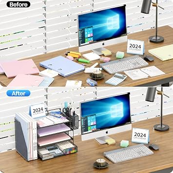 OPNICE Desk Organizers and Accessories, 4-Tier Desktop File Organizer with Drawer and Pen Holders, Office Desk Accessories Workspace Organizers for Office Supplies (Soft Black)