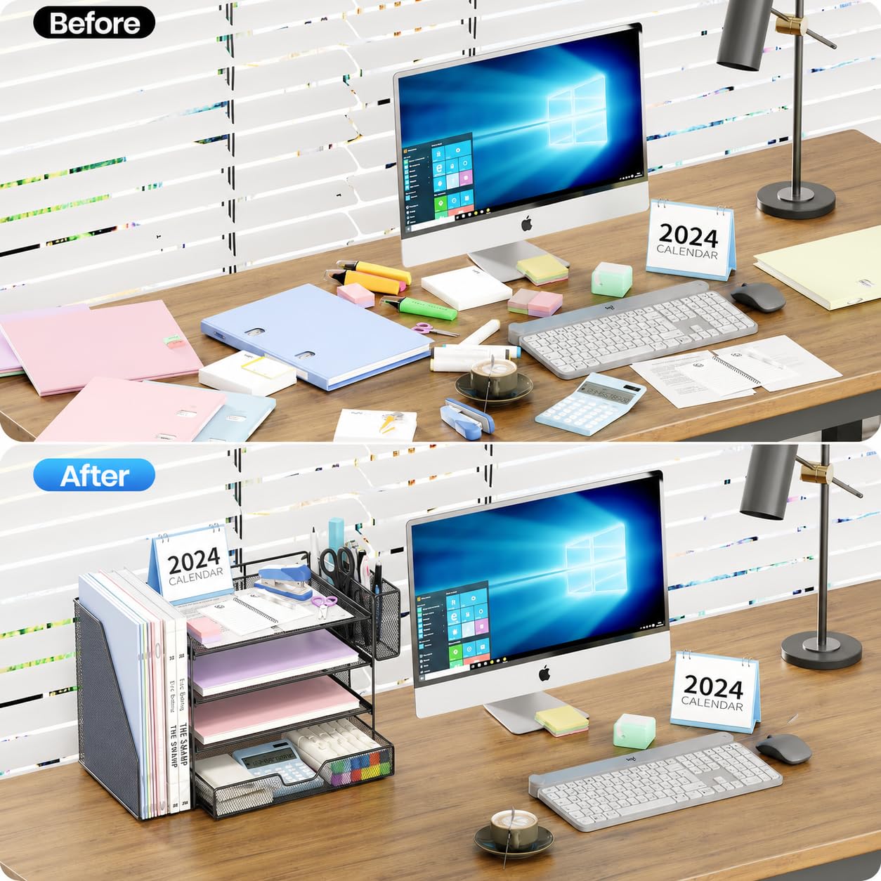 OPNICE Schreibtisch-Organizer und Zubehör, 4-stöckiger Schreibtisch-Organizer mit Schublade und Stifthaltern, Büro-Schreibtischzubehör, Arbeitsplatz-Organizer für Bürobedarf (schwarz)