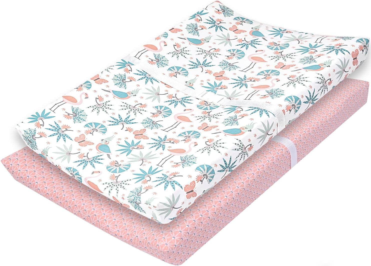 MY LITTLE ZONE100% Cotton Changing Pad Cover for Baby Girls, Flamingo - Breathable Bassinet, Mini Crib Mattress Fitted Sheets - Jungle Leaves, 32"x16" with 8" Deep Pocket, White-Coral Pink, 2 Pack