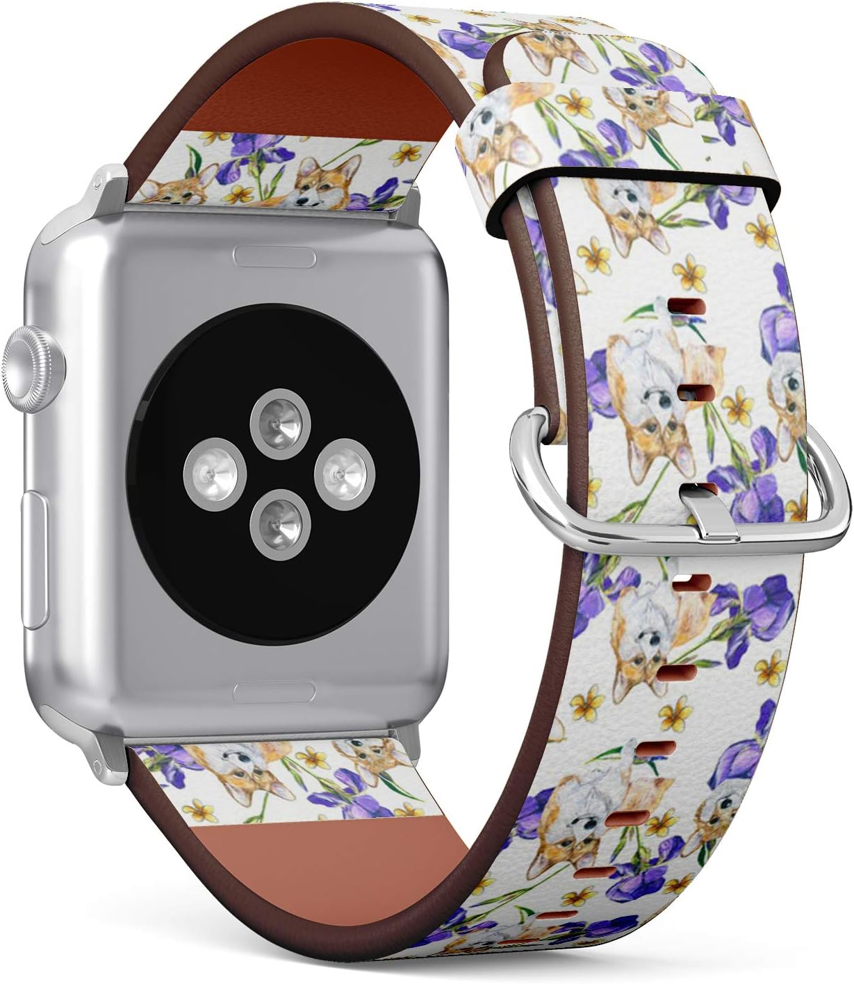 Compatible with Apple Watch Series 7/6/5/4/3/2/1 (Big Version 42/44/45 mm) Leather Wristband Bracelet Replacement Accessory Band + Adapters - Dog Flowers Corgi