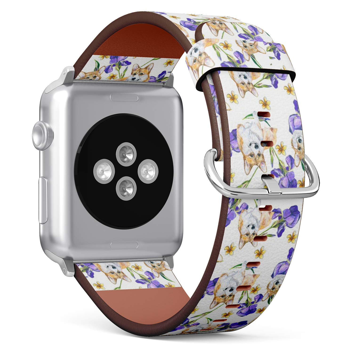Compatible with Apple Watch Series 7/6/5/4/3/2/1 (Big Version 42/44/45 mm) Leather Wristband Bracelet Replacement Accessory Band + Adapters - Dog Flowers Corgi