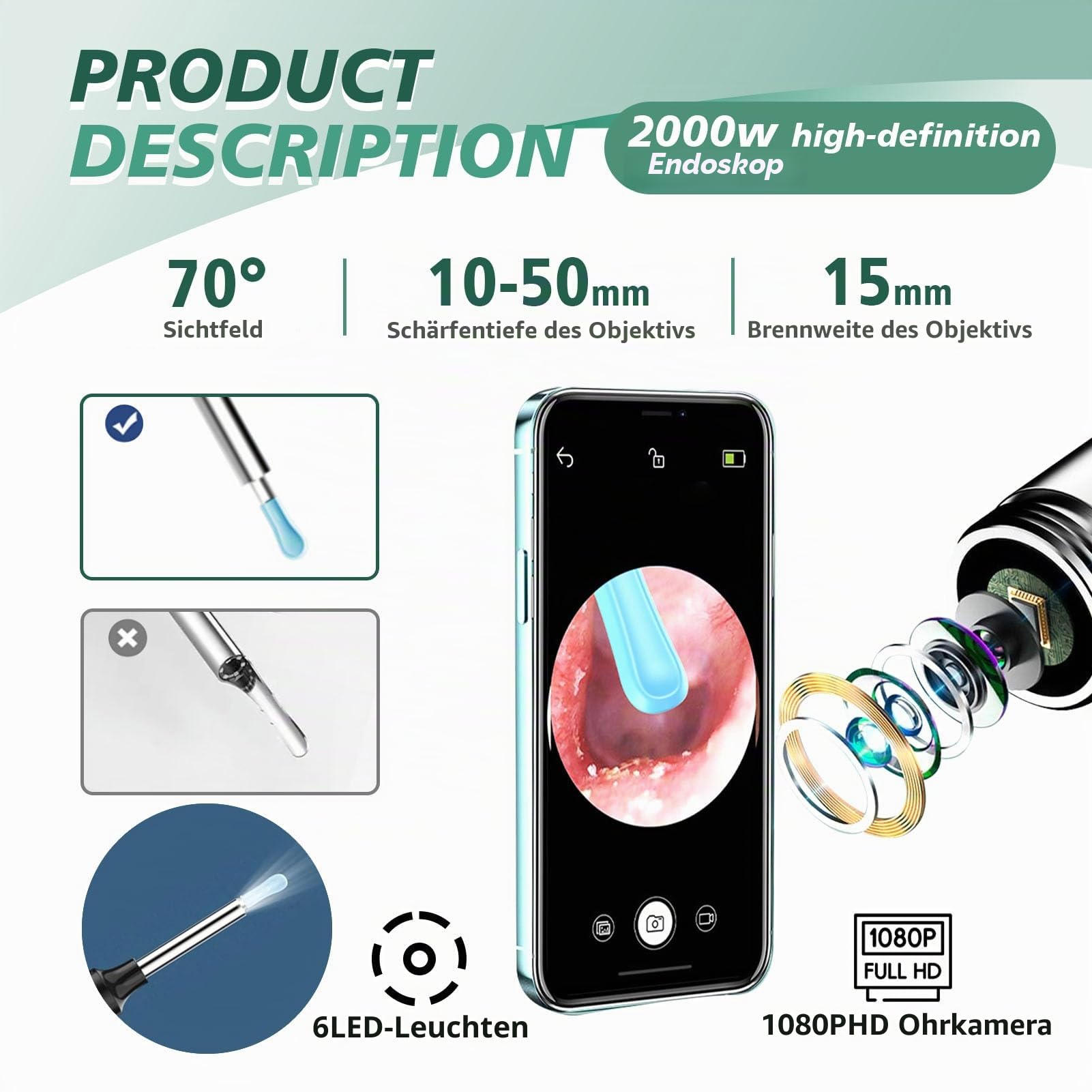 Ohrenschmalz Entferner Otoskop, 1080P WiFi Ohrreiniger Kamera IP67 Wasserdichtes Ear Cleaner 3,5mm Linse Ohrendoskop mit 6 LEDs 360°Weitwinkel für iPhone Android, Erwachsene, Kinder und Haustiere