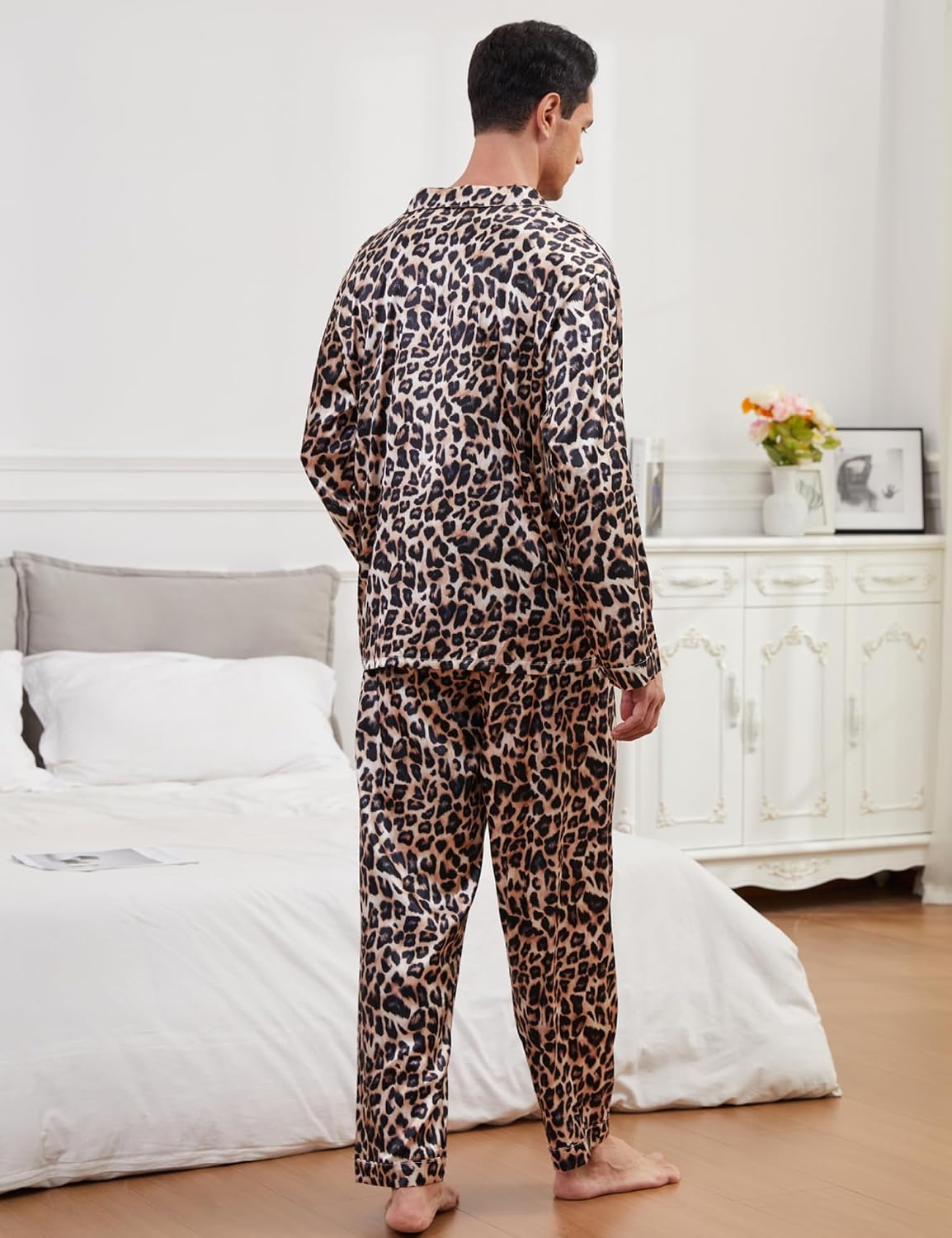SWOMOG Men Pajamas Matching Pajamas Set Silk Satin Pj Long Sleeve Button Down Sleepwear 2 Pcs Loungewear