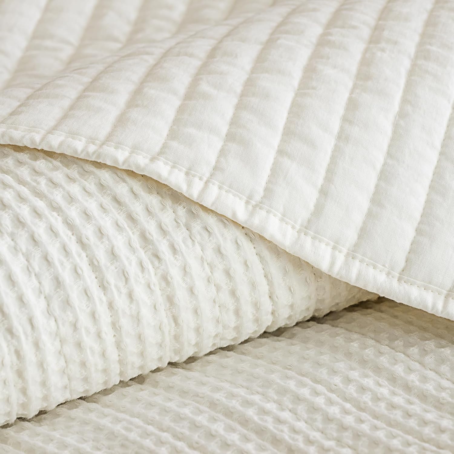 PHF 100% Washed Cotton Waffle Quilt Set Queen Size(90"x90")-Lightweight with Striped Channel, Cozy Quilted Bedspread Set, Home Decor, 1 Soft Coverlet with 2 Matching Shams, Cream