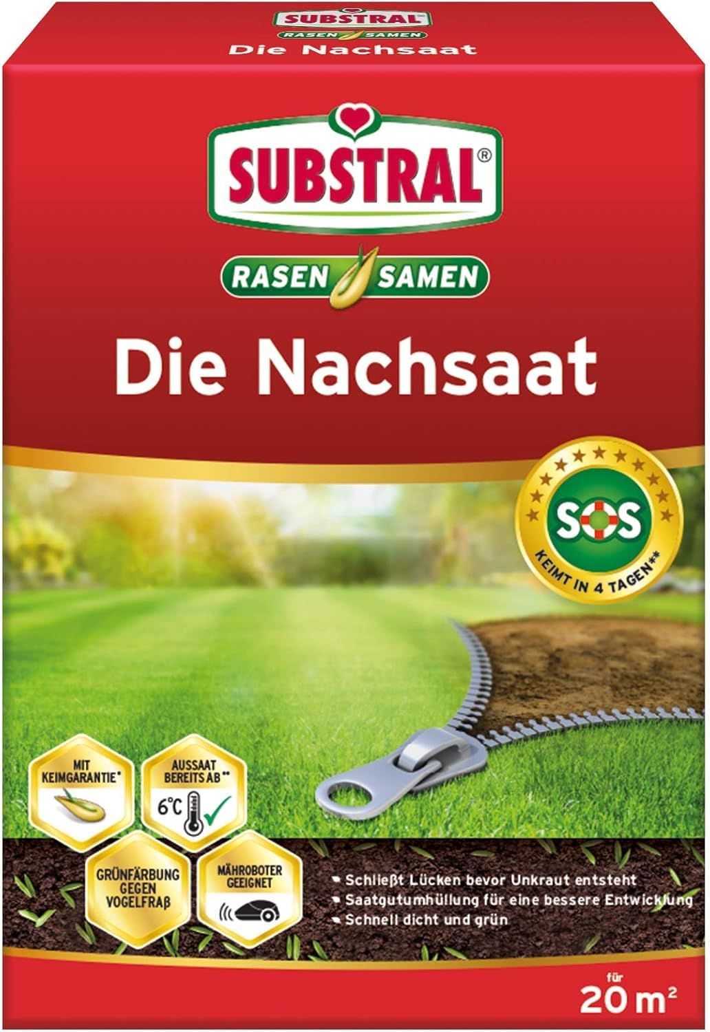 Substral Rasensamen Die Nachsaat, Rasensaat, Schnell keimende strapazierfähige Rasenreparatur-Mischung, 400 g für 20 m²