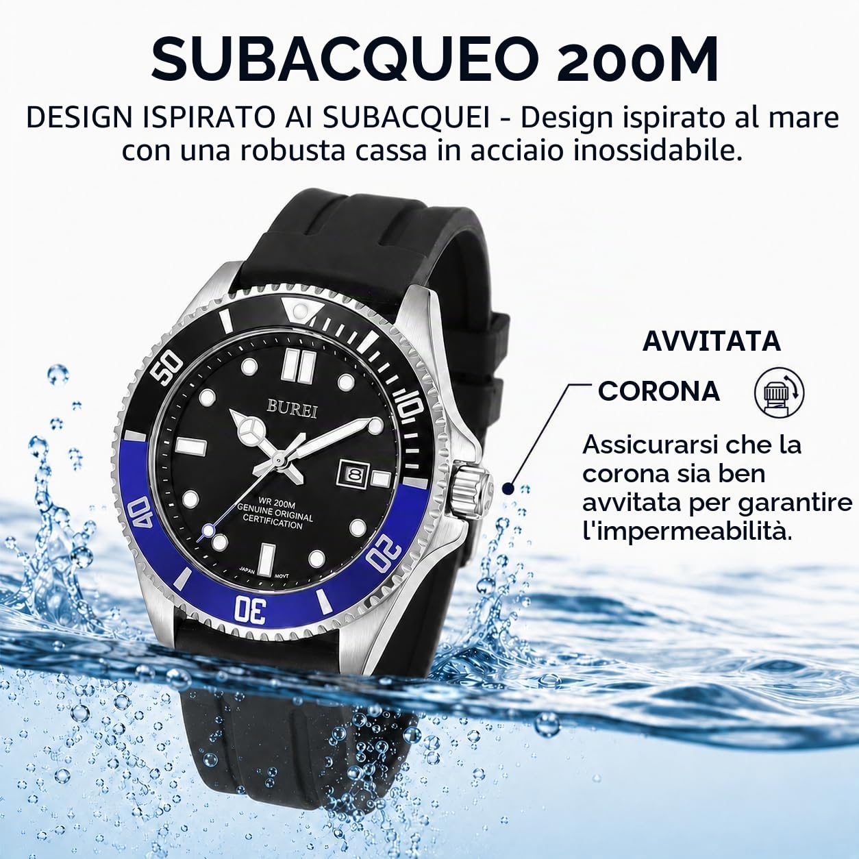 BUREI Orologio subacqueo da uomo, impermeabile fino a 200 m, analogico, al quarzo, in acciaio inox, alla moda, classico, da lavoro, da lavoro, con data automatica