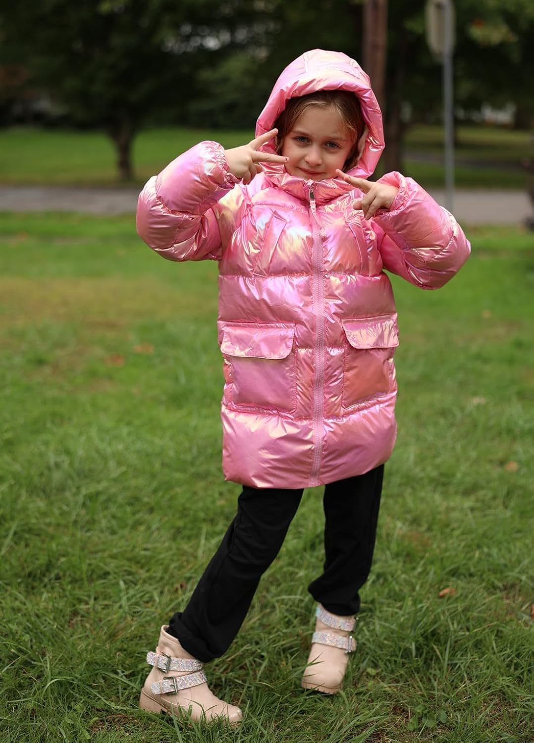 Cutemile 5-12 Years Girls Winter Long Fleece Coat Parka Metallic Puffer Jacket Outwear with Hooded - Image 2