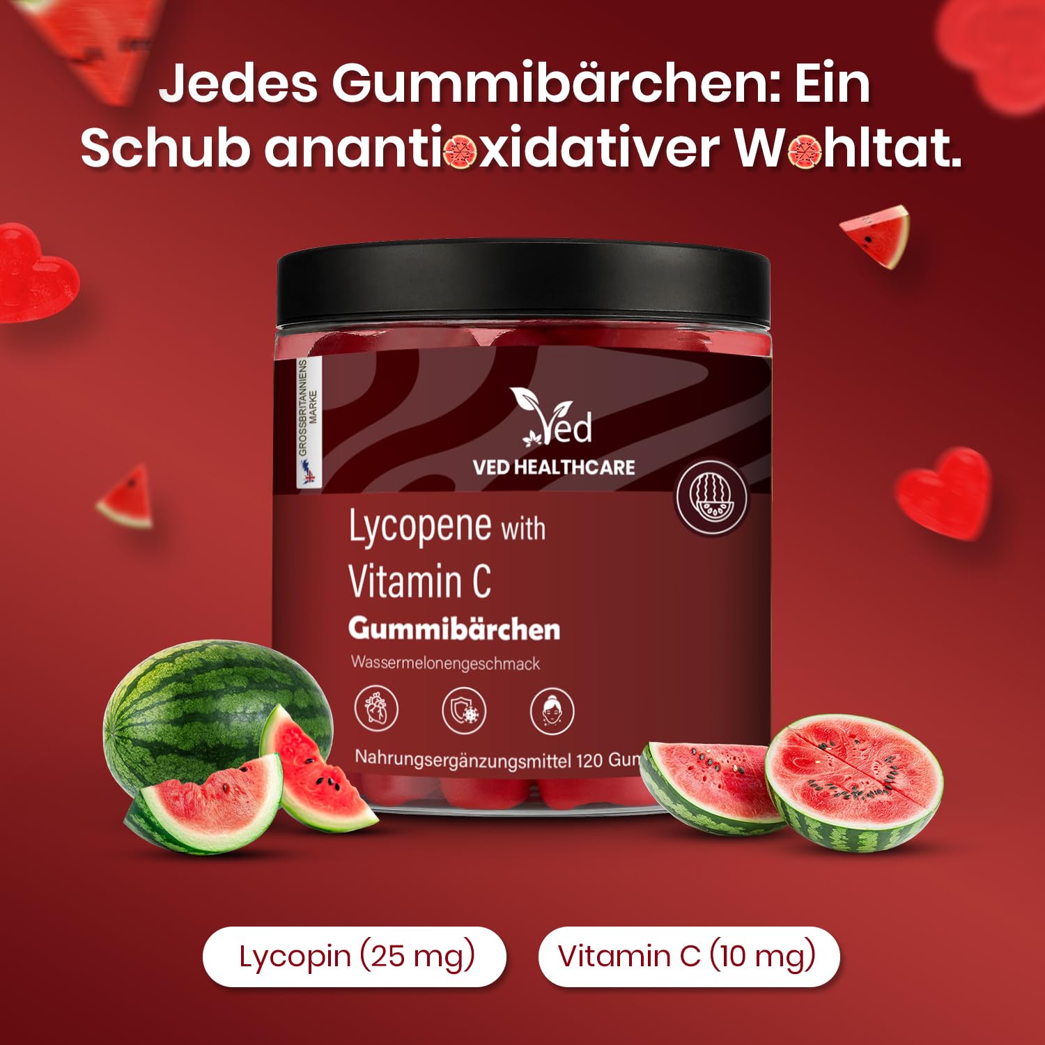 VED Lycopin-Gummibärchen mit Wassermelonengeschmack für Männer und Frauen, zur Unterstützung von Haut und Sehkraft, pflanzlich, vegan, gentechnikfrei, 120 Gummibärchen für die tägliche Einnahme.