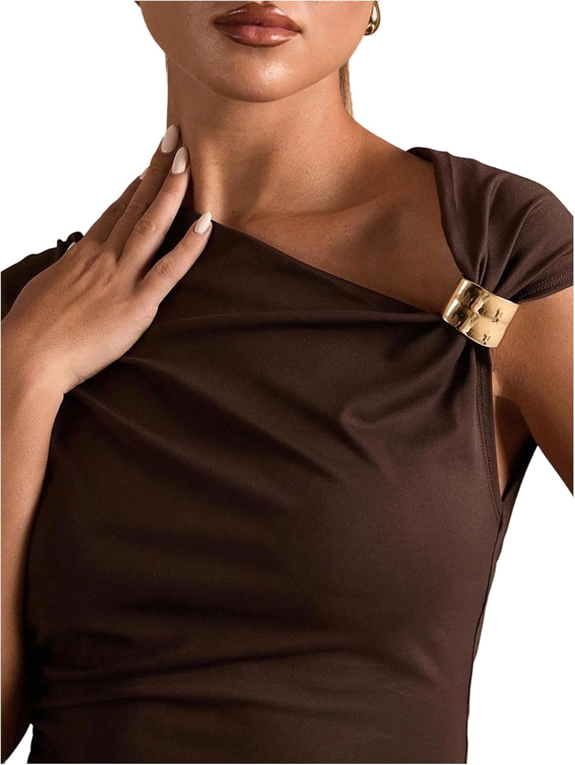 SweatyRocks Women's Asymmetrical Neck Ruched Metal T Shirt Slim Fitted Going Out Summer Tops - Image 4