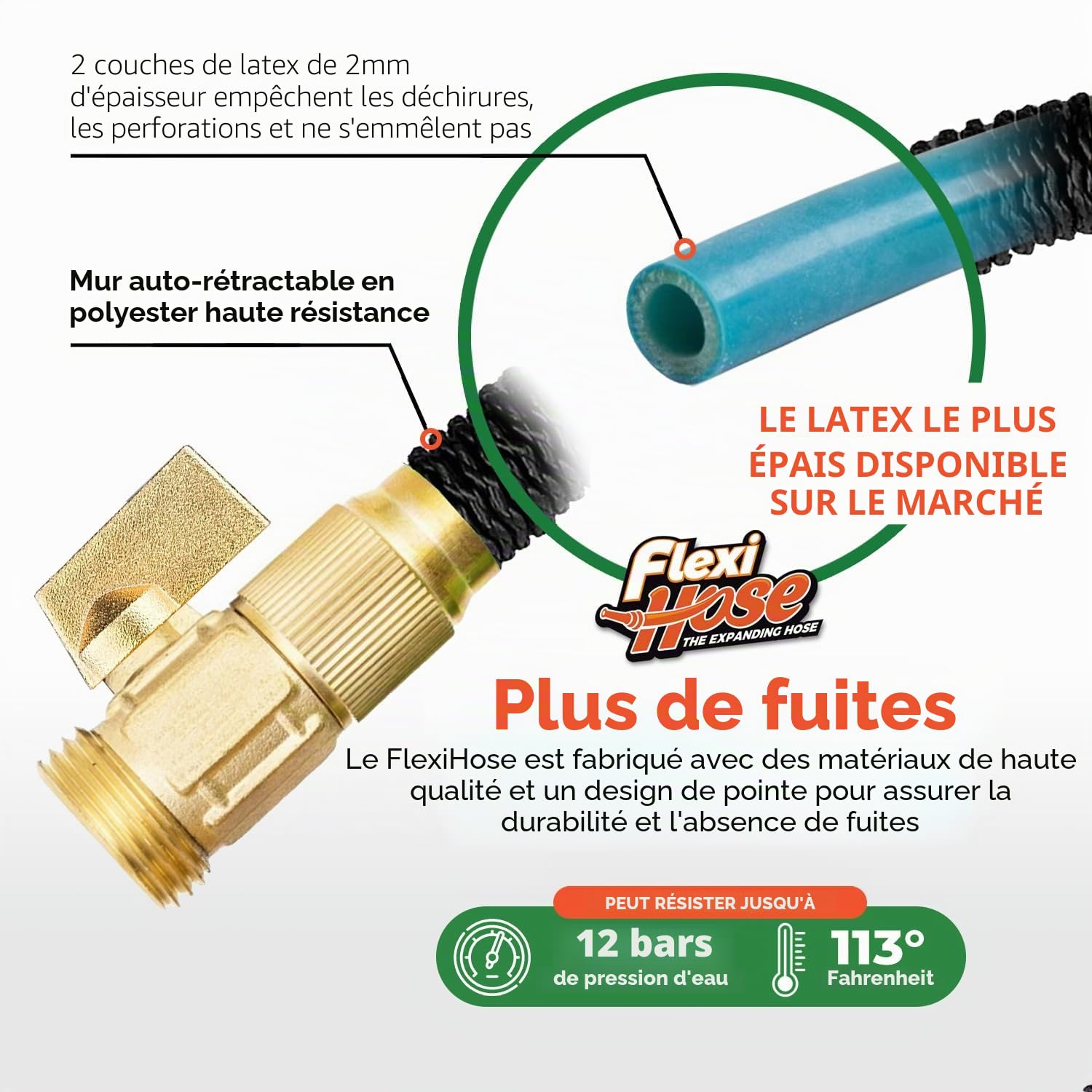 Tuyau d'arrosage extensible léger Flexi Hose - ultra flexible/ne s'emmêle pas - raccords en laiton massif 2 cm/tube intérieur en latex double épaisseur - résistant pourriture/fissures/fuites - 23 m