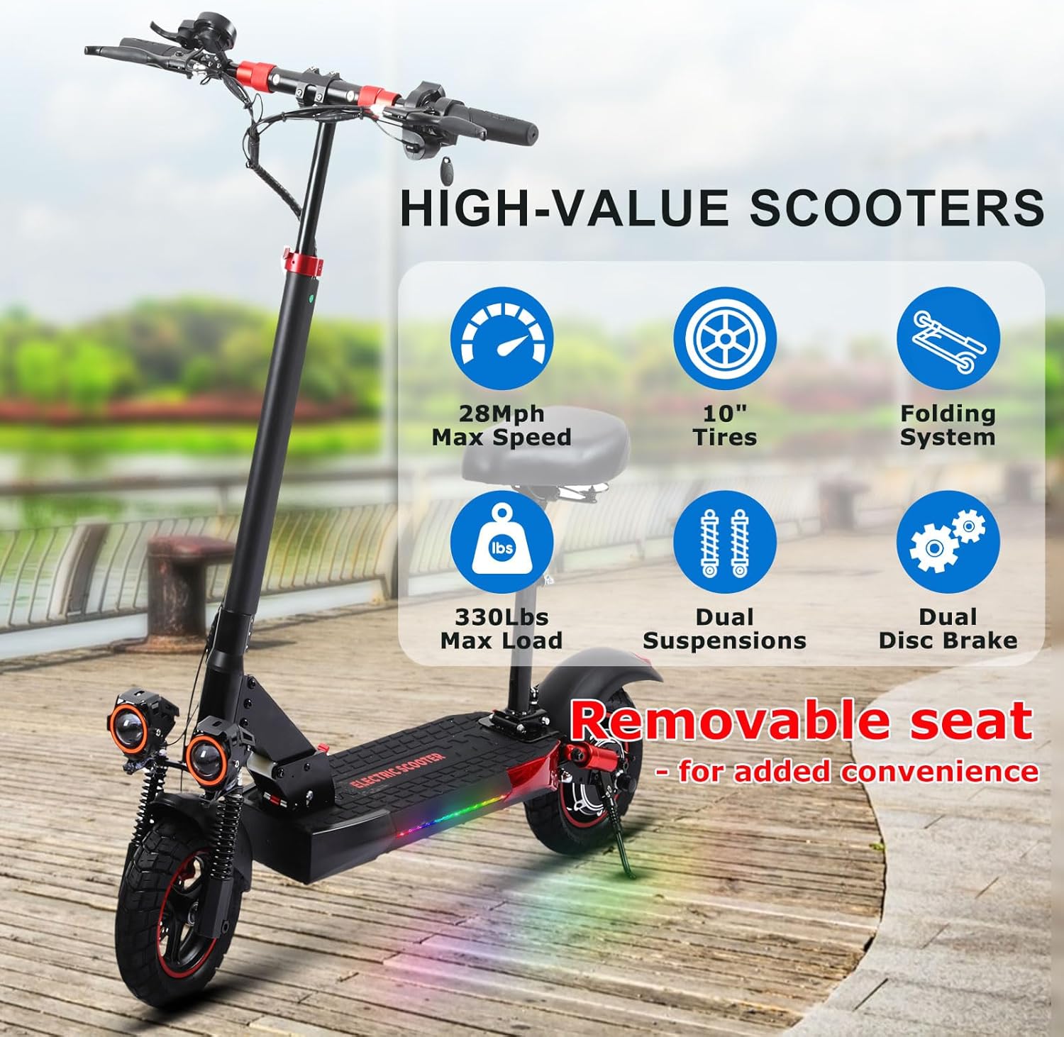 Off-Road Electric Scooter Adults with Seat,1600W/1200W Motor,32-40 Miles Long Range,31/34MPH,10/11" All Terrain Escooter, 48V 18AH/21AH,Foldable E-Scooter with Full Suspension,Dual Brake,150KG Load