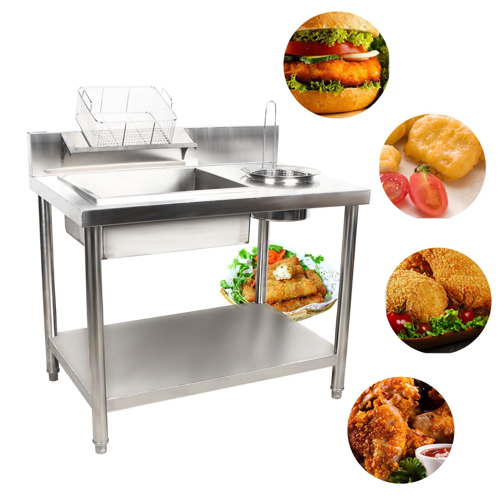 Breading Table Fried Food Prep Station, Commercial Stainless Steel Fried Food Prep Breading Station w/Containers and Baskets, for Commercial Kitchen Restaurant Business