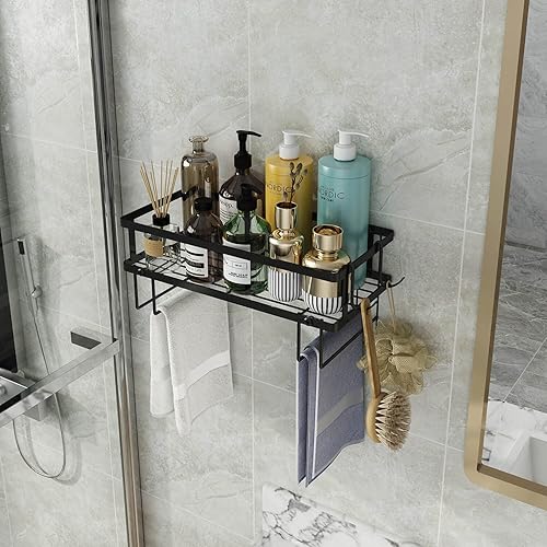 Miniatura 3 de Godboat Organizador de baño, almacenamiento sobre el inodoro, estantes flotantes con 2 ganchos, estante montado en la pared, detrás y encima del