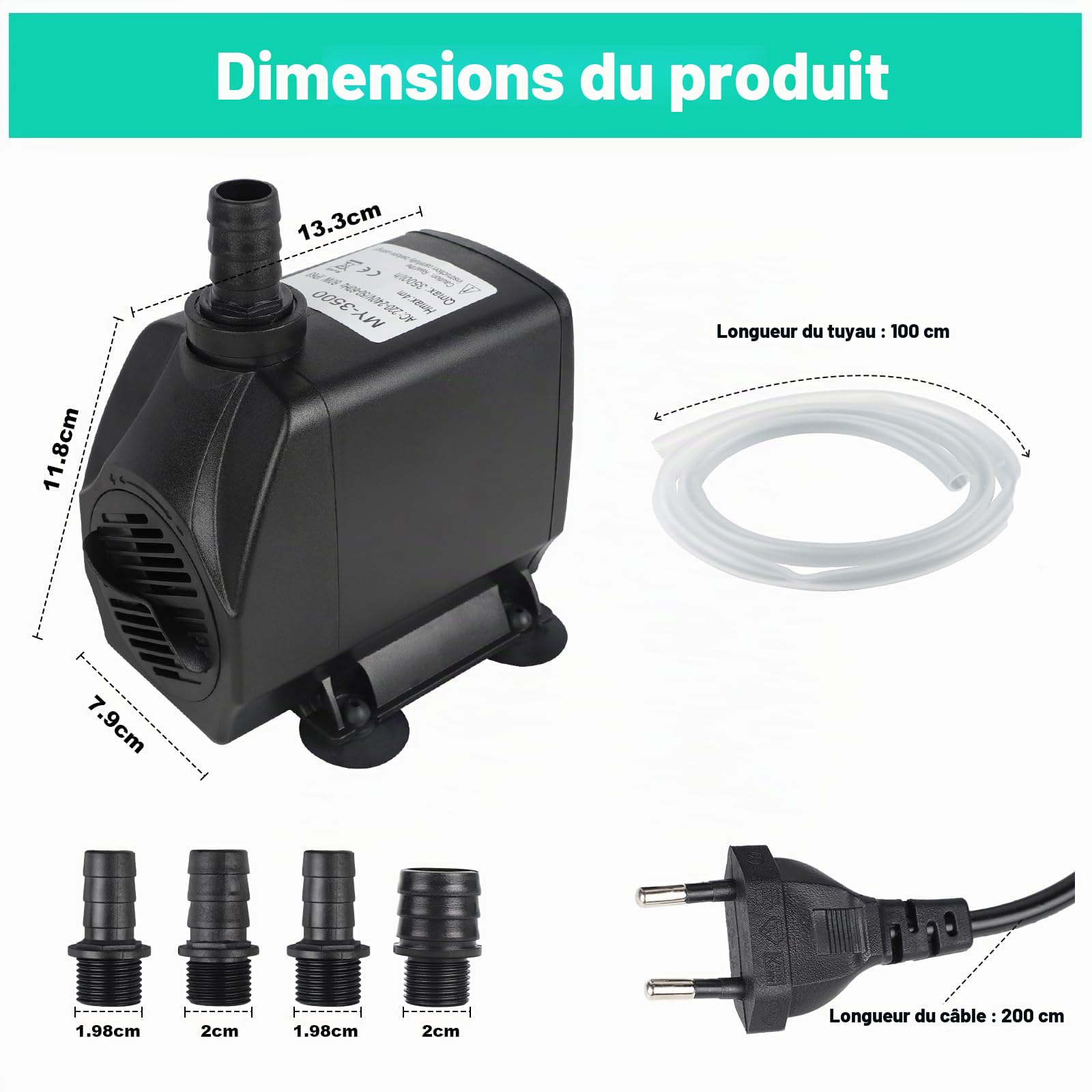 EXLECO Pompe à Eau Submersible 4500L/H 90W - Pompe de Bassin, de Filtration et de Fontaine - Pompe D'alimentation et de Ruisseau - Câble de 2M, Tuyau, 4 Buses pour Étang et Aquarium