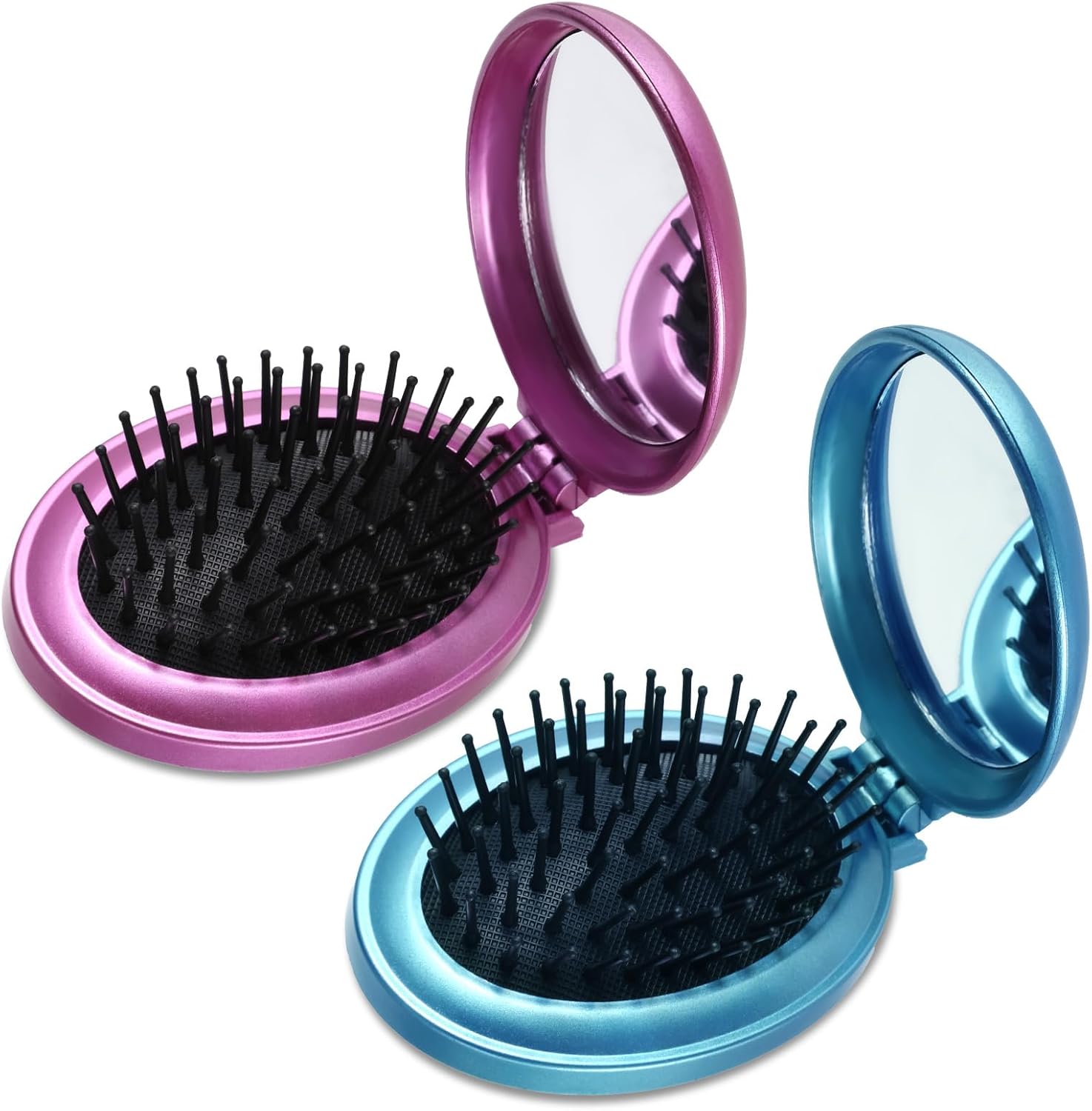 2 Pcs Foldable Round Hairbrush with Mirror Portable Compact Hair Brush ...