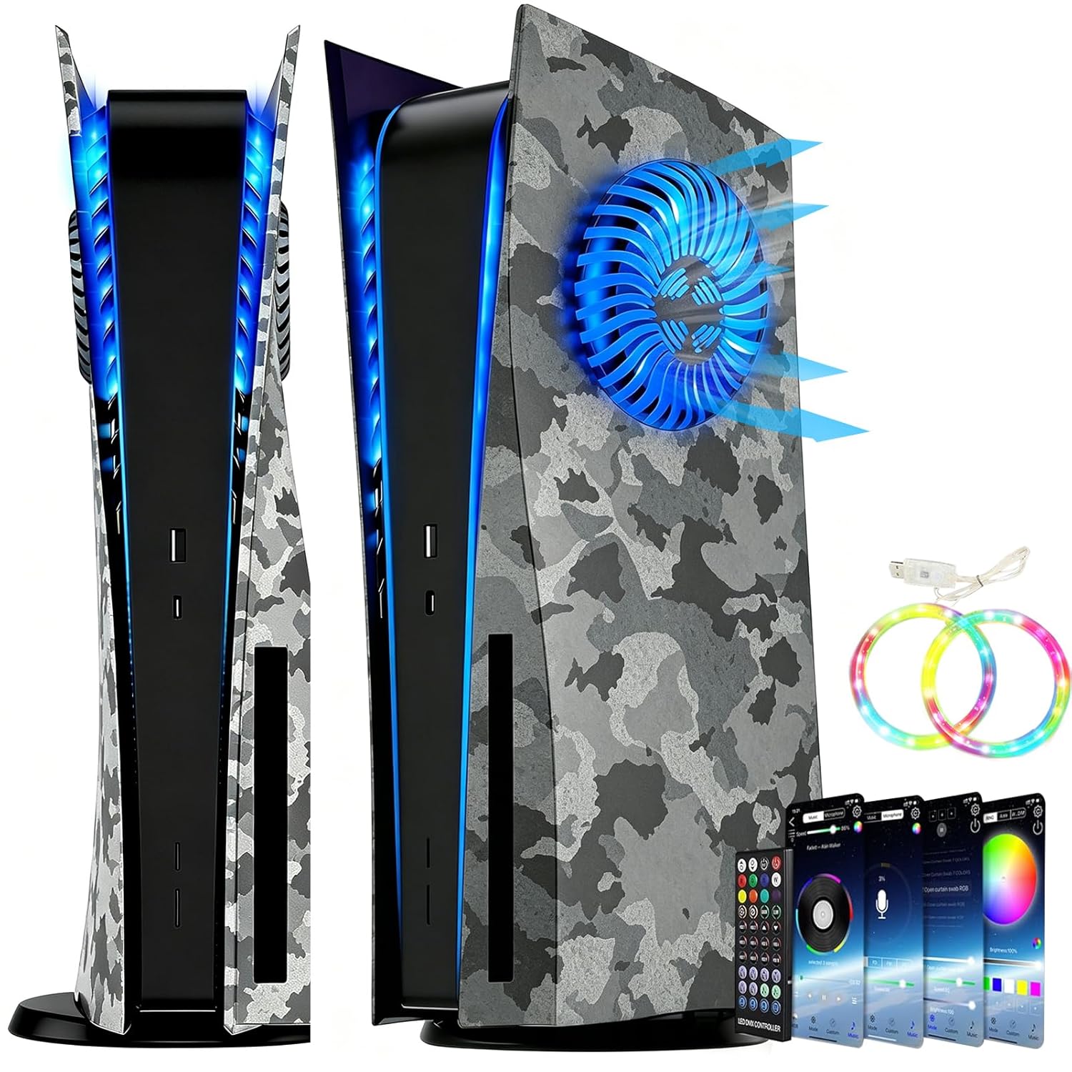 2020 PS5 Console Cover Plates for PS5 Disc Edition with Vent & RGB LED Light Strip Accessories, Replacement Shell ABS Hard Anti-Scratch Dustproof Protective Skin Faceplate for PS5, Camouflage