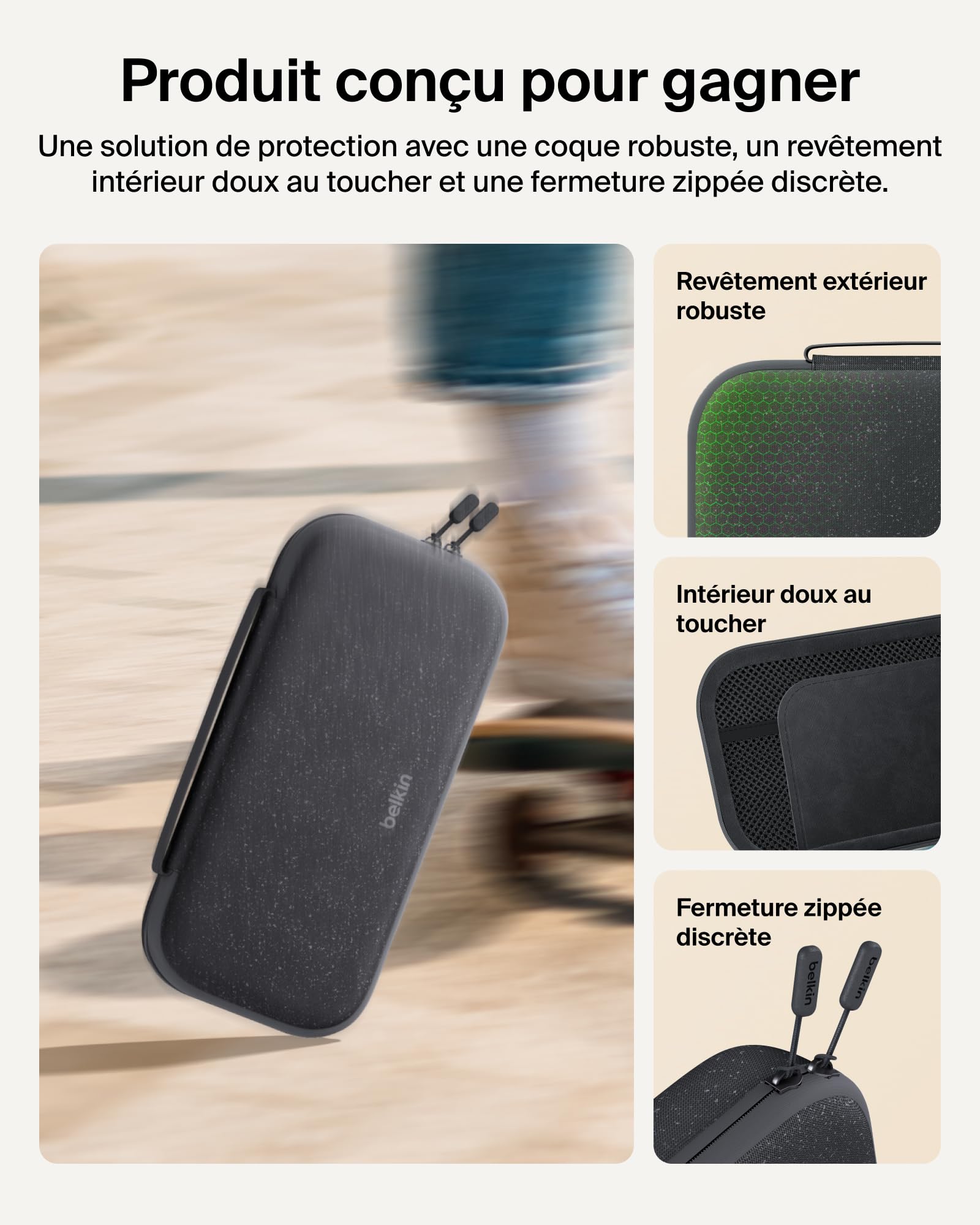 Belkin Gaming Pochette de rangement avec batterie externe 10 000 mAh pour Nintendo Switch 2 (écran LCD, recharge rapide de 20 W pour Nintendo Switch, compartiments pour AirTag et cartes de jeux, gris)