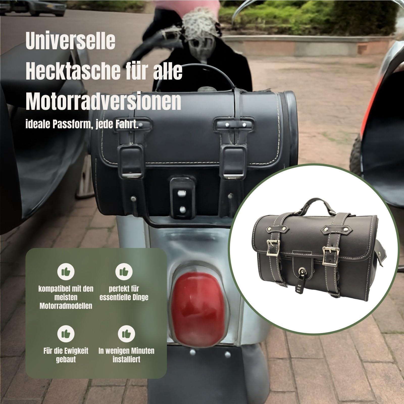 Generische Motorrad-Heckgepäckträgertasche, Motorrad-Aufbewahrungstasche, Seitentaschen, stabile Retro-Gepäcktasche mit Reißverschluss für Roller, Schwarz