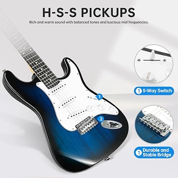 Susen 39Inch Solid Full Size Electric Guitar Beginner Kit,Electric Guitar Starter Kit,S-S-S Pickups With 5W Amp,Strings, Pick,Tremolo Bar,Bag,Strip,Tuner.Cable,Blue