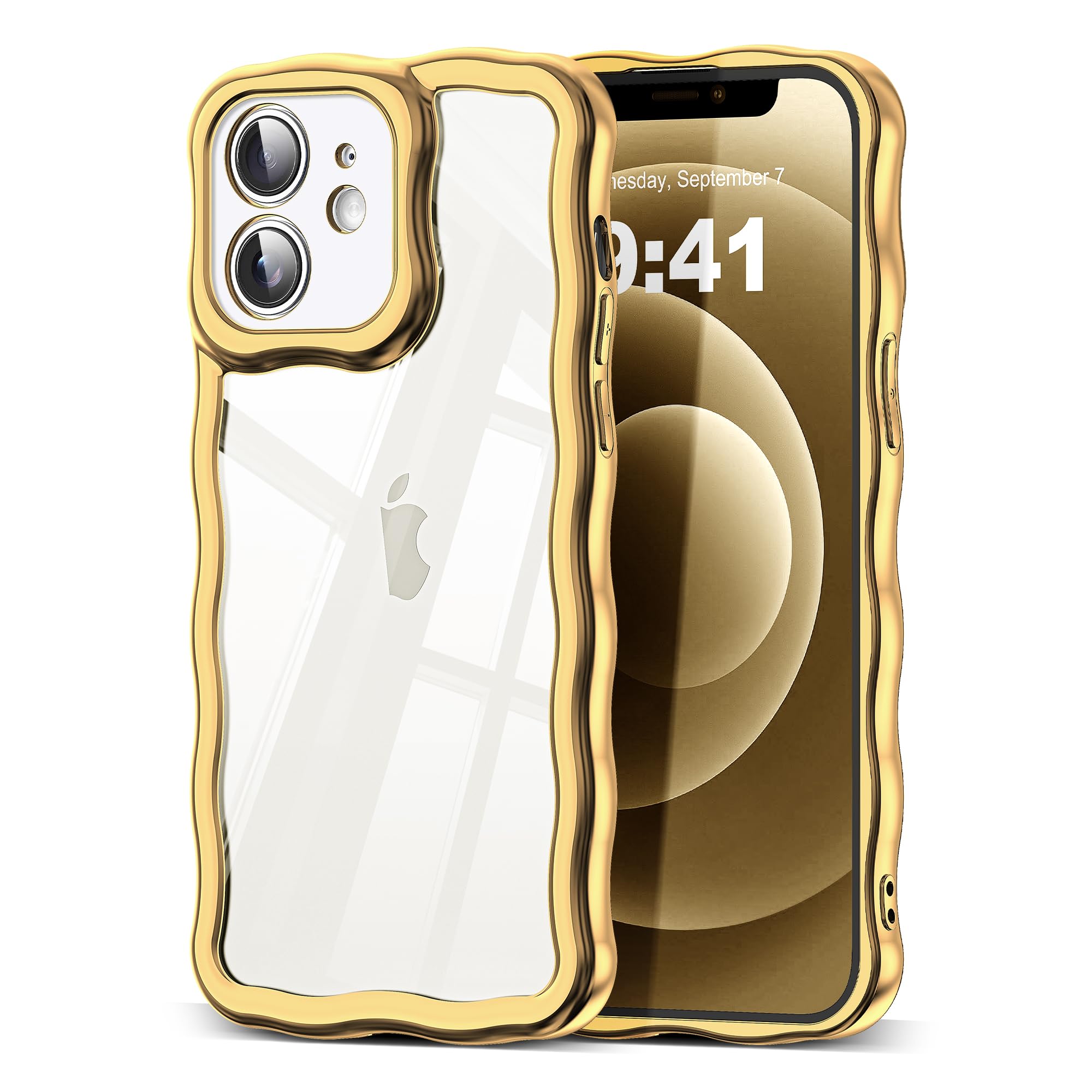 SKYLMW Compatible with iPhone 12 Case, Kawaii Cute Curly Wave Frame Luxury Plating Edge, Stylish Glossy Clear Back, Soft TPU Shockproof Protective