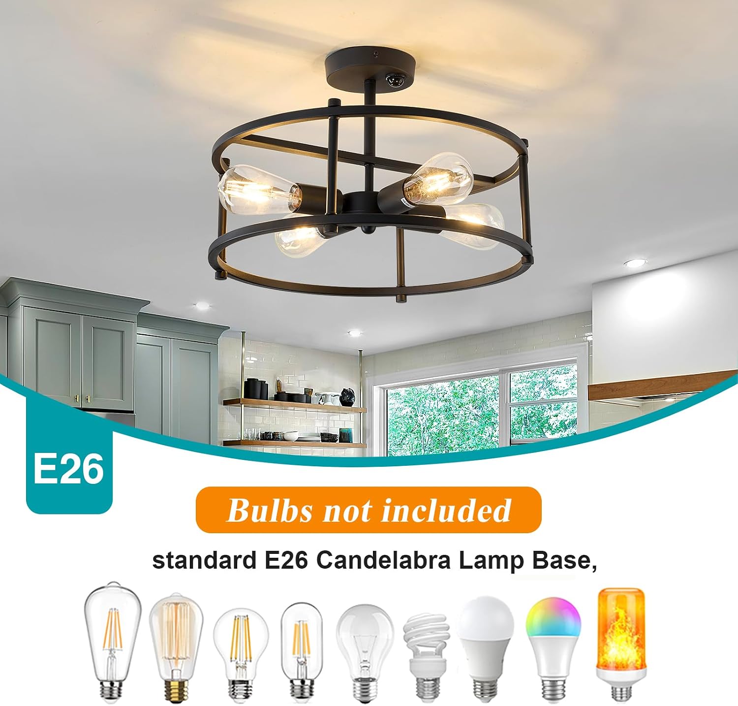 hesoge Motion Sensor Ceiling Light Indoor Industrial 4 Light Semi Flush Mout Ceiling Light Fixture Black Overhead Light for Entryway Hallway Closet Porch Front Farmhouse