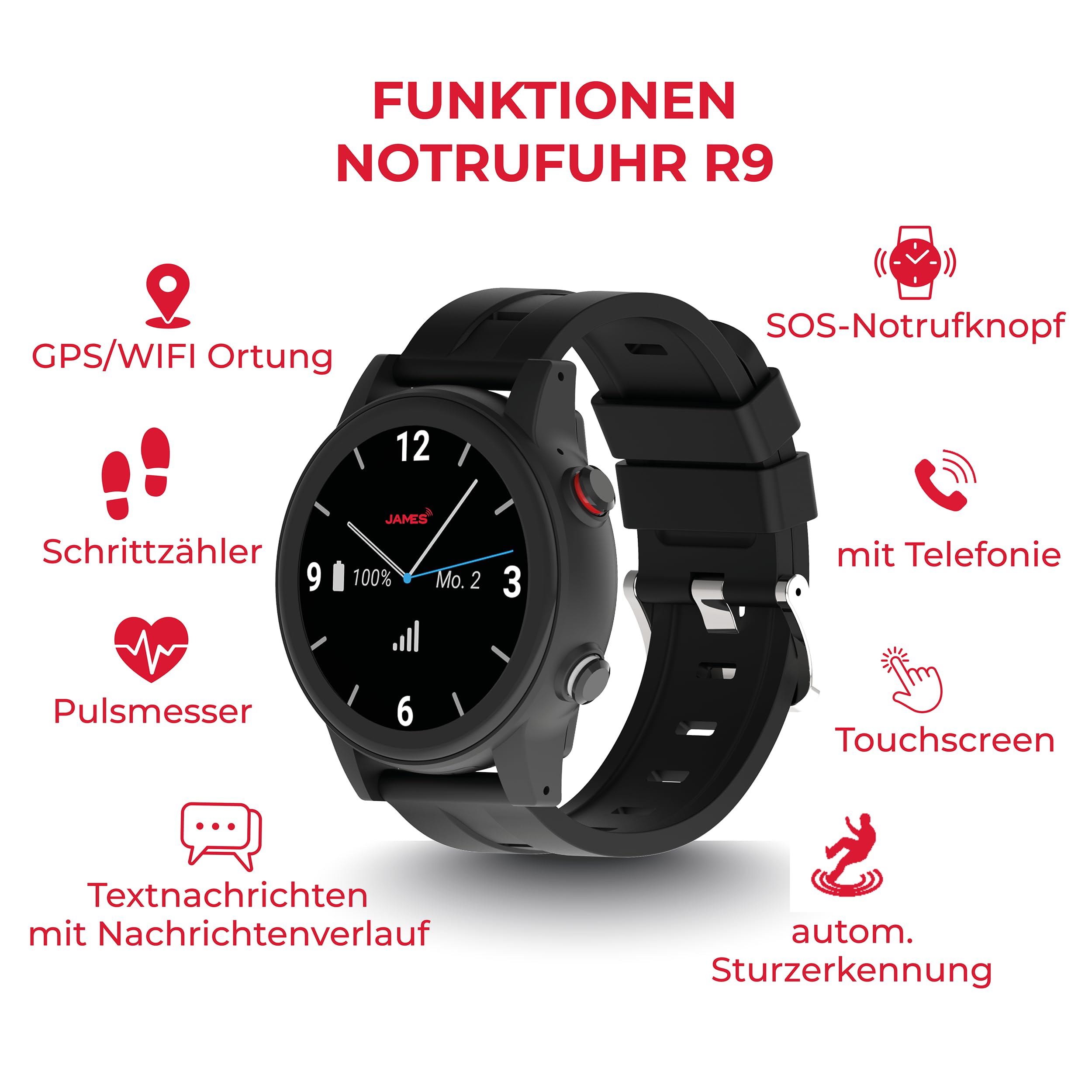 James R9 (schwarz) Notruf– GPS Ortung, Sturzerkennung, Notrufknopf, Gesundheitsfunktionen & Familien-App inkl. SIM (Schwarz, R9)