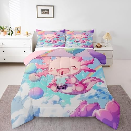 Lovely Axolotl Comforter Set, Sealife Salamander Bed Sets Twin, Cute Pet Blue Oc