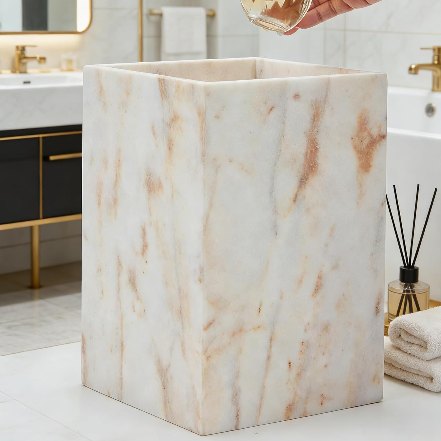 Natural Marble Wastebasket, Modern Gold White Texture Rectangular Trash Can, Nature Stone Wastebasket Durable Waterproof Garbage Container Bin for Bathroom Bedroom Living Room Home Office Accessories White and Gold