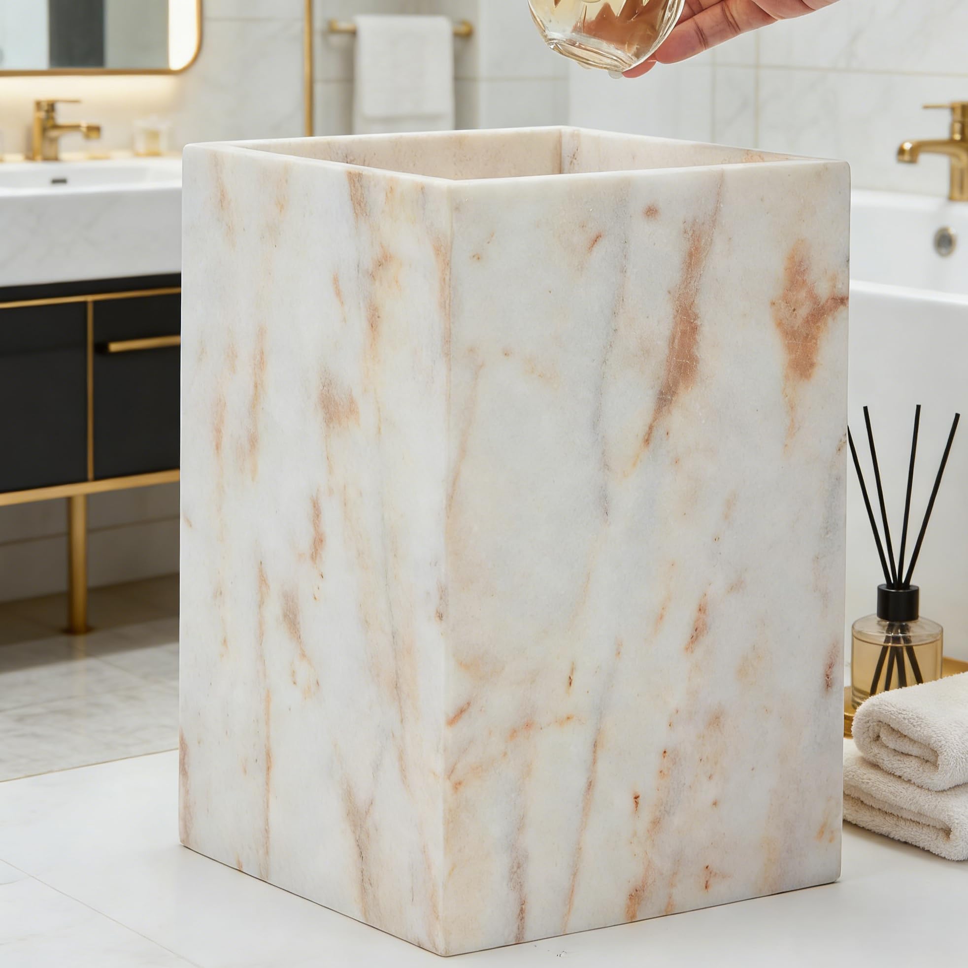 Natural Marble Wastebasket, Modern Gold White Texture Rectangular Trash Can, Heavy Duty Stone Wastebasket Durable Waterproof Garbage Container Bin for Bathroom Bedroom Living Room Home Office
