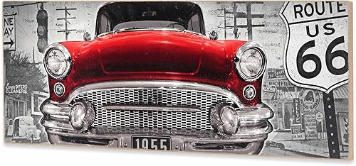 Miniatura 2 de Red Classic Car Route 66 Retro Wood Wall Decor  Arte de pared de coche clásico grande para hombre cueva, garaje o sala de estar