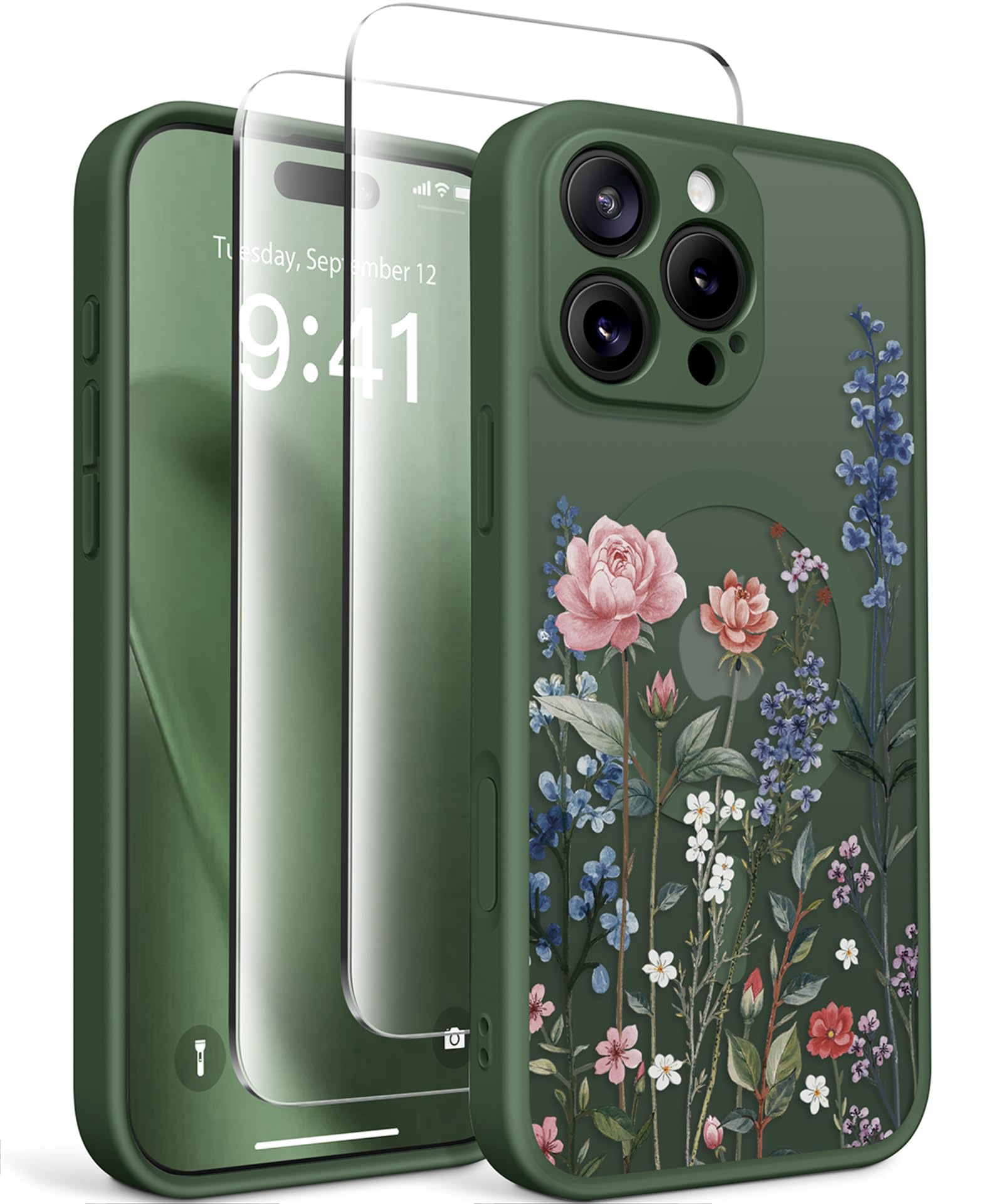 GVIEWIN for iPhone 16 Pro Case Compatible with MagSafe, [Military Grade Protection] [2X Screen Protector] Full Camera Protection Floral Translucent Women Magnetic Phone Case, Lush Garden/Forest Green