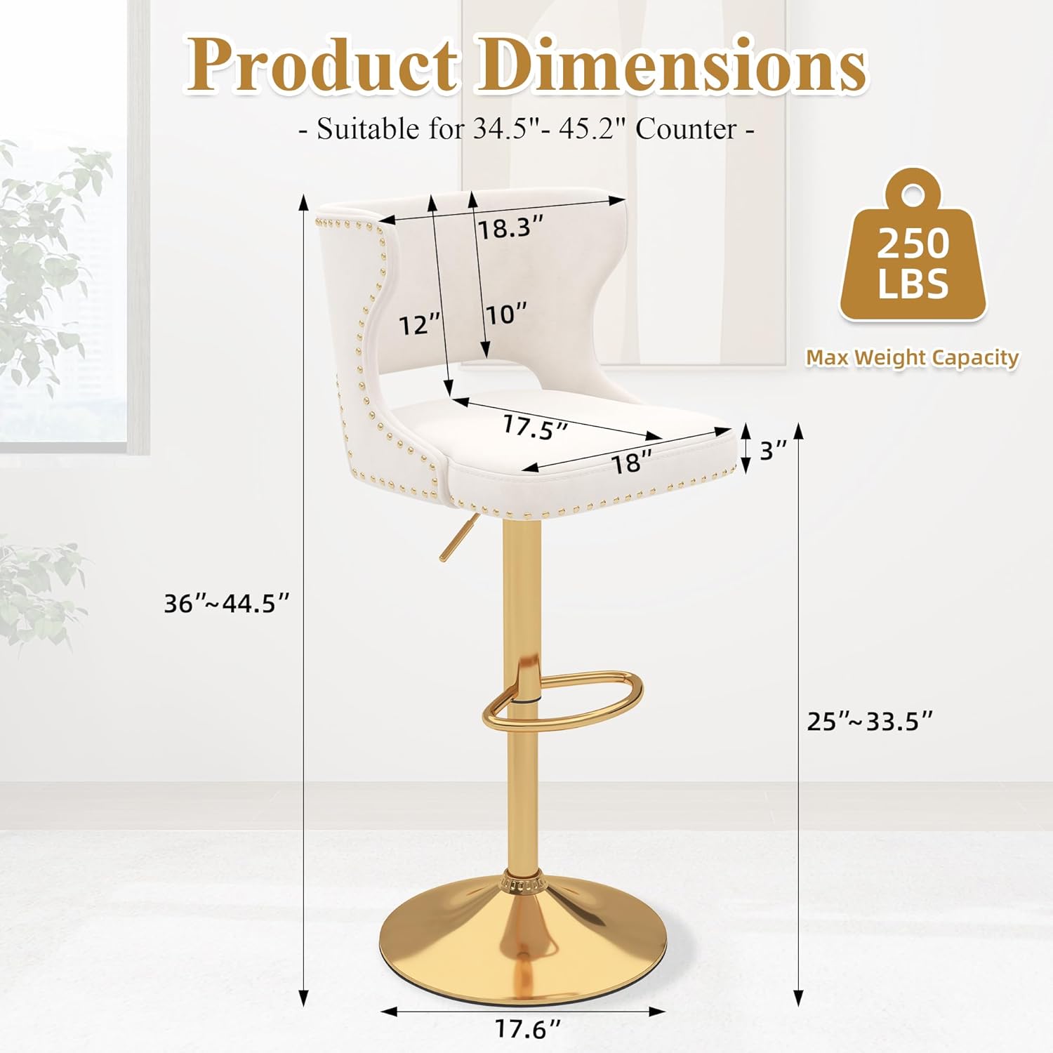 ABET Bar Stools Set of 2, Velvet Swivel Island Chairs, Adjustable Gold Barstools with Hollow Back and Footrest, Upholstered Counter Height Stool Chairs for Kitchen Island Dining Room Home, Beige