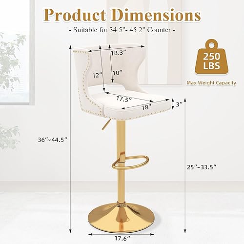Miniatura 2 de ABET Juego de 2 taburetes de bar, modernos taburetes de bar hidráulicos giratorios ajustables con respaldo hueco, base de metal dorado, reposapiés,