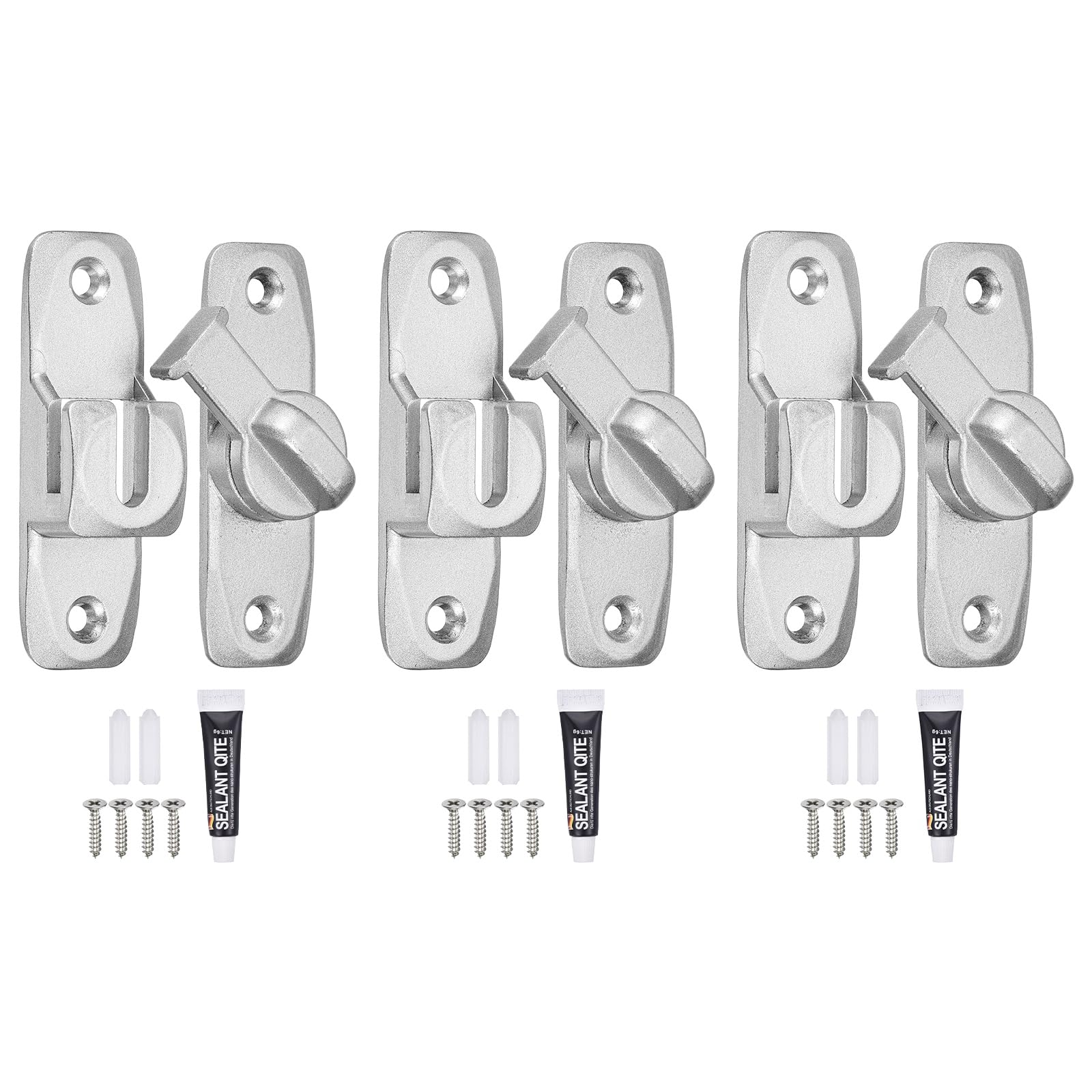sourcing map 3Pcs Barn Door Lock, 90/180 Degree Flip Barn Door Lock Aluminium Alloy Sliding Security Latch with Screws & Nail-Free Adhesive for Garden Bathroom Garage, Silver