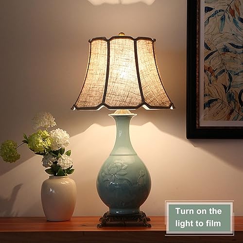 Miniatura 4 de Lámpara de mesa de cerámica de latón completo estilo chino, lámpara de noche con textura de tela, lámparas de noche tradicionales para dormitorio,